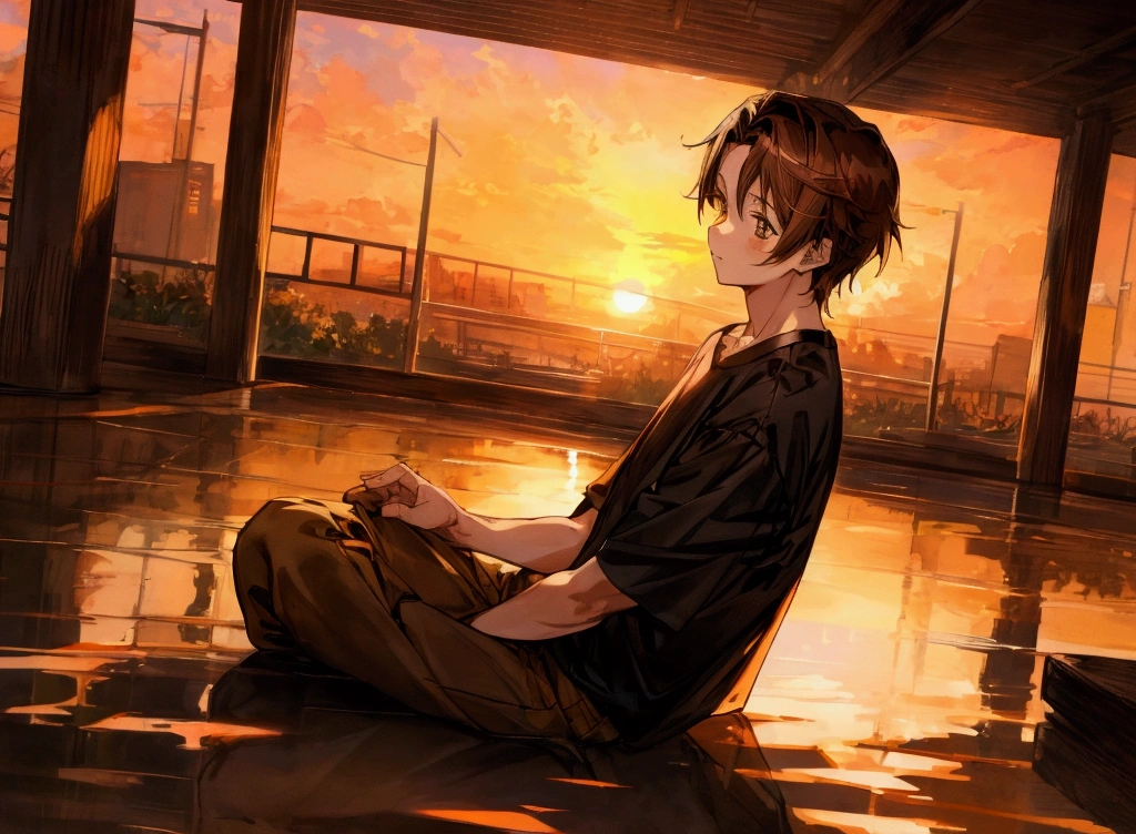 Anime boy brown hair brown eyes black shirt sitting look sunset 