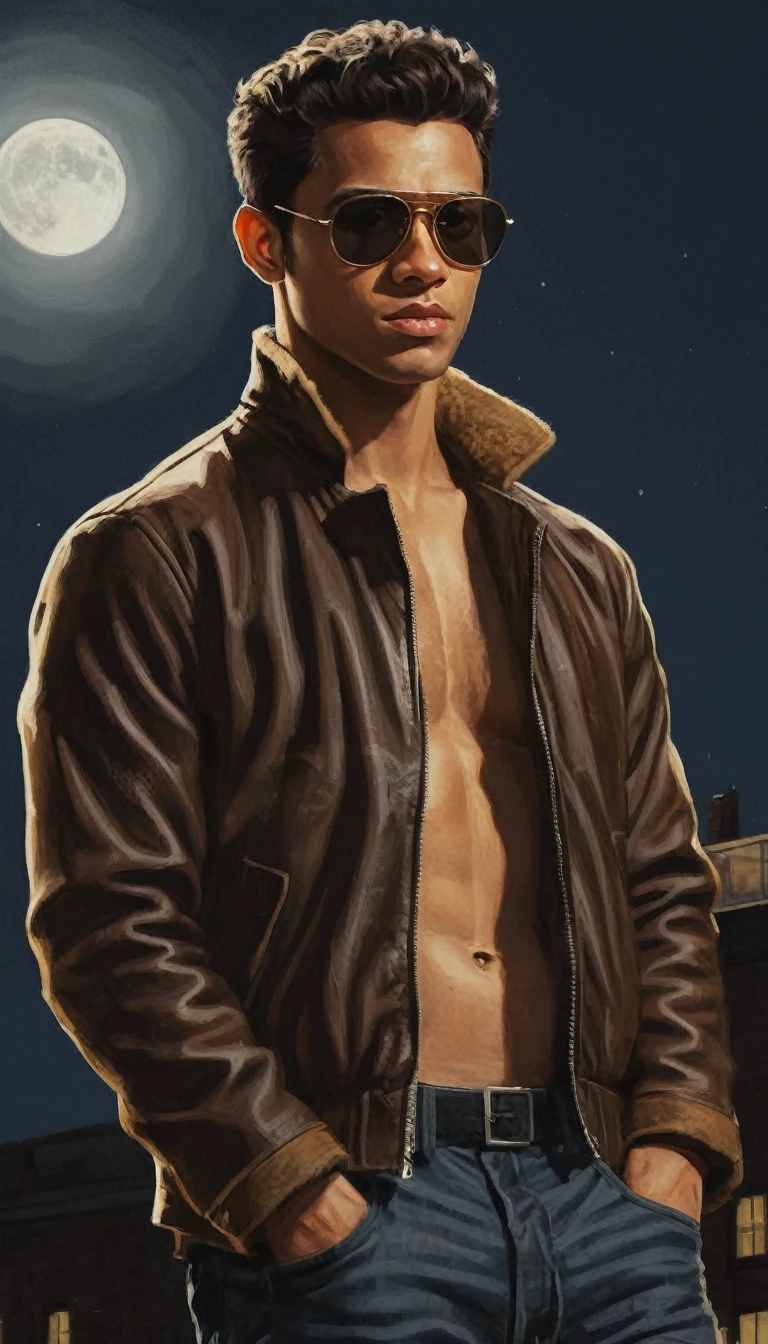 Poster for an illustrated film, Hand drawn, full colour, a 26-year-old black vigilante, wearing a brown aviator jacket and sunglasses, burly, smooth and muscular physique, deep brown eyes, wide, bulbous nose, full lips, Bblack hair, curly quiff, thick, bushy eyebrows, 가슴, extremely hairy belly and arms, lots of hair on the body, posing on a moonlit rooftop, hard shadows, graphite shading, stencil markings, acrylic paint with airbrush, Masterpiece artwork, in the style of Rockstar Games