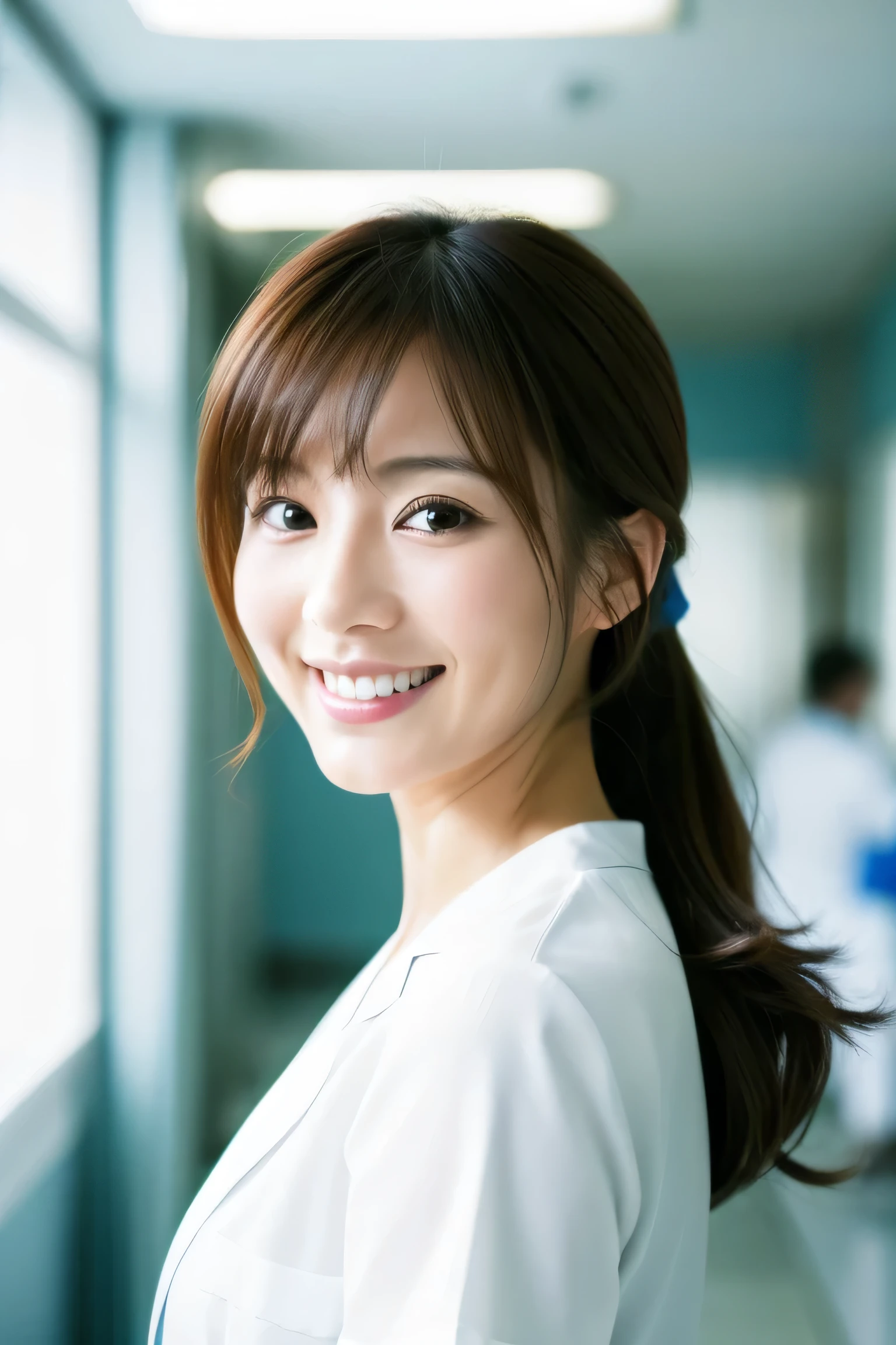 ((1 nurse,white nurse uniform、white nursing short cap,White,short white tight skirt,,smileで私を見てください,looking at camera,look at the camera,Treatment room in a hospital room, Take photos from up close to her)),very detailed顔、Put the stethoscope around your neck,double eyelid、White and clean teeth,brown eyes,chest strengthening,emphasize body line,smile at me lovingly、gentle expression、beautiful lips,Detailed depiction of the background of the hospital room,perfect lighting、Award-winning work,table top,Natural light,natural soft light)),((looking at camera,smile,white teeth,A big smile,カメラを見つめるA big smile),((High-definition RAW color photo, professional photos, very delicate and beautiful, very detailed,finely, huge file size,best image quality,8k,Photo taken with a single-lens reflex camera、very intricate details, 120K, ultra hd, masterpiece)),(big cleavage:1.3), close your chest、horse riding,lure, shot from below