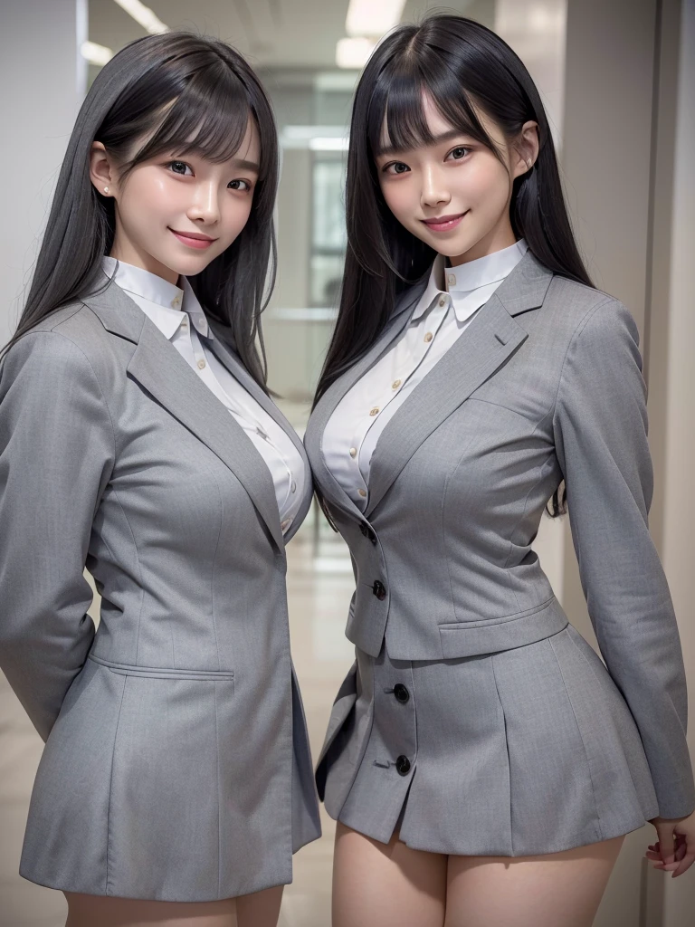 Highest quality、masterpiece、8k、Very detailed、Realistic、(Two Girls)、(Looking at me with a smile:1.5)、whole body、(Black Hair)、Small face、(Slender:1.2)、(Big Breasts:1.2)、(White business shirt with buttons and a collar:1.2)、(short tight skirt in gray,:1.2)、(Grey business jacket:1.2)