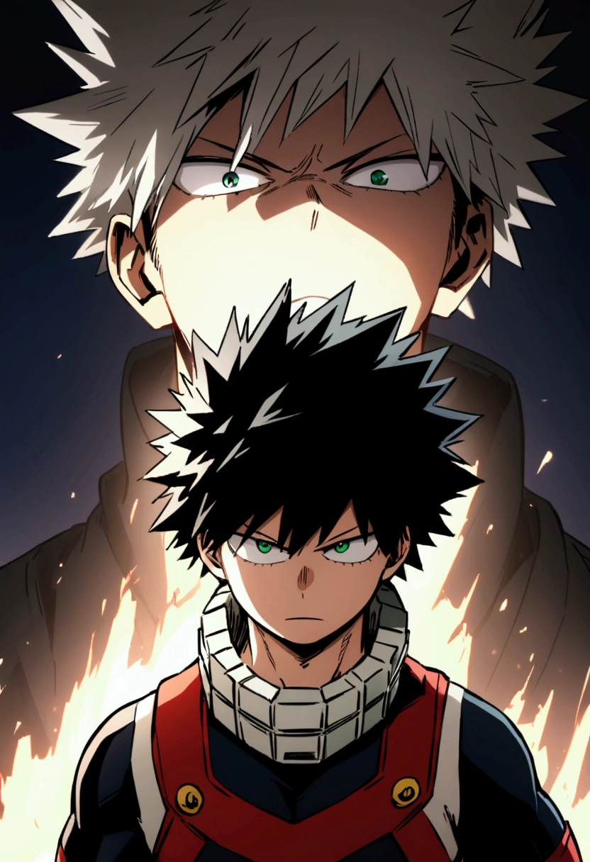 Screenshot of boku no hero academia , beautiful young boy .with strong black hair. Green eyes .and he is next to bakugo katsuki