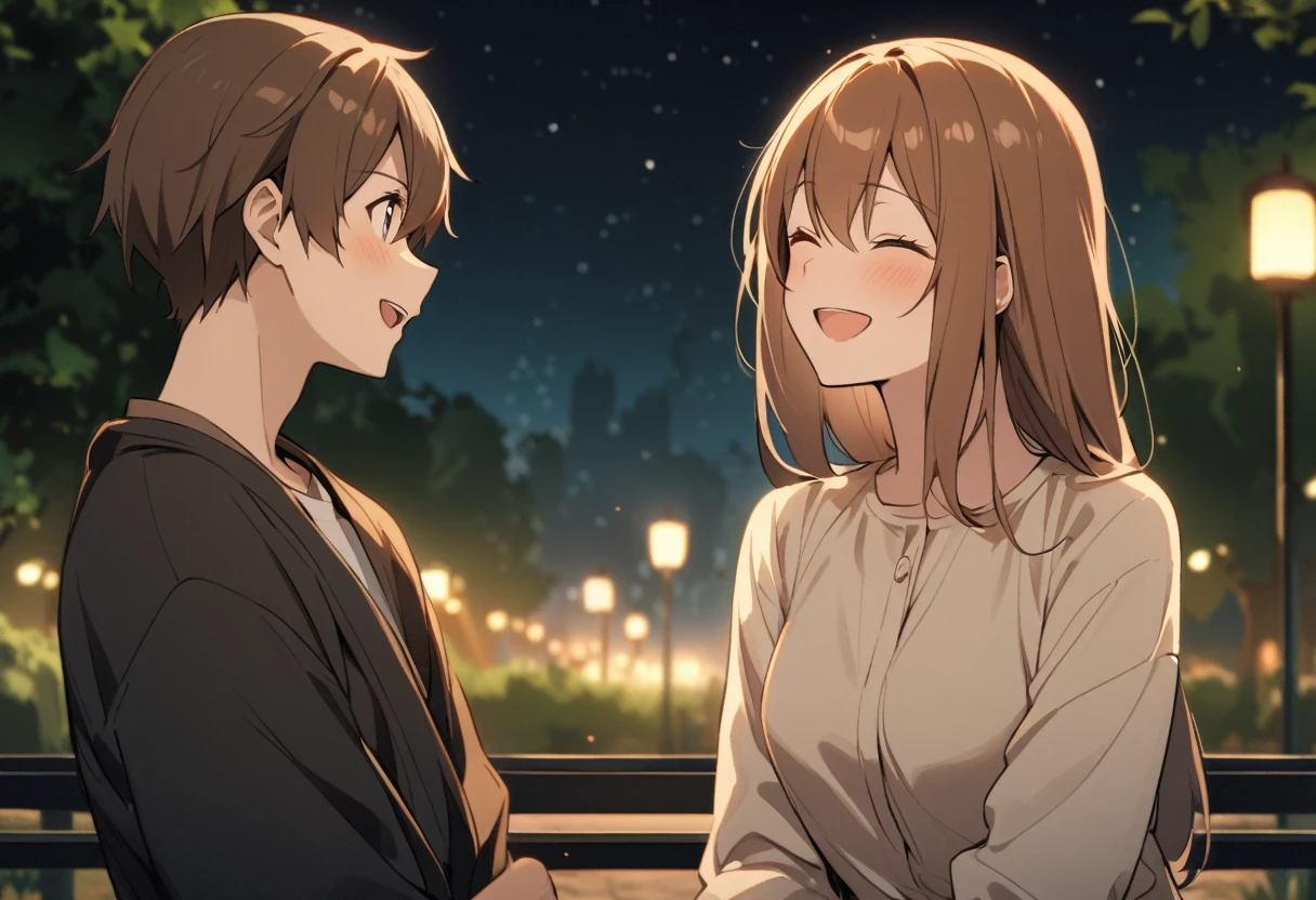 A couple is laughing while looking at each other with their eyes closed in a park at night、Woman has long brown hair