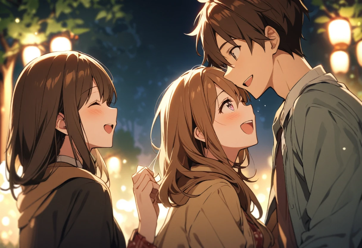 A couple is laughing while looking at each other with their eyes closed in a park at night、Woman has long brown hair
