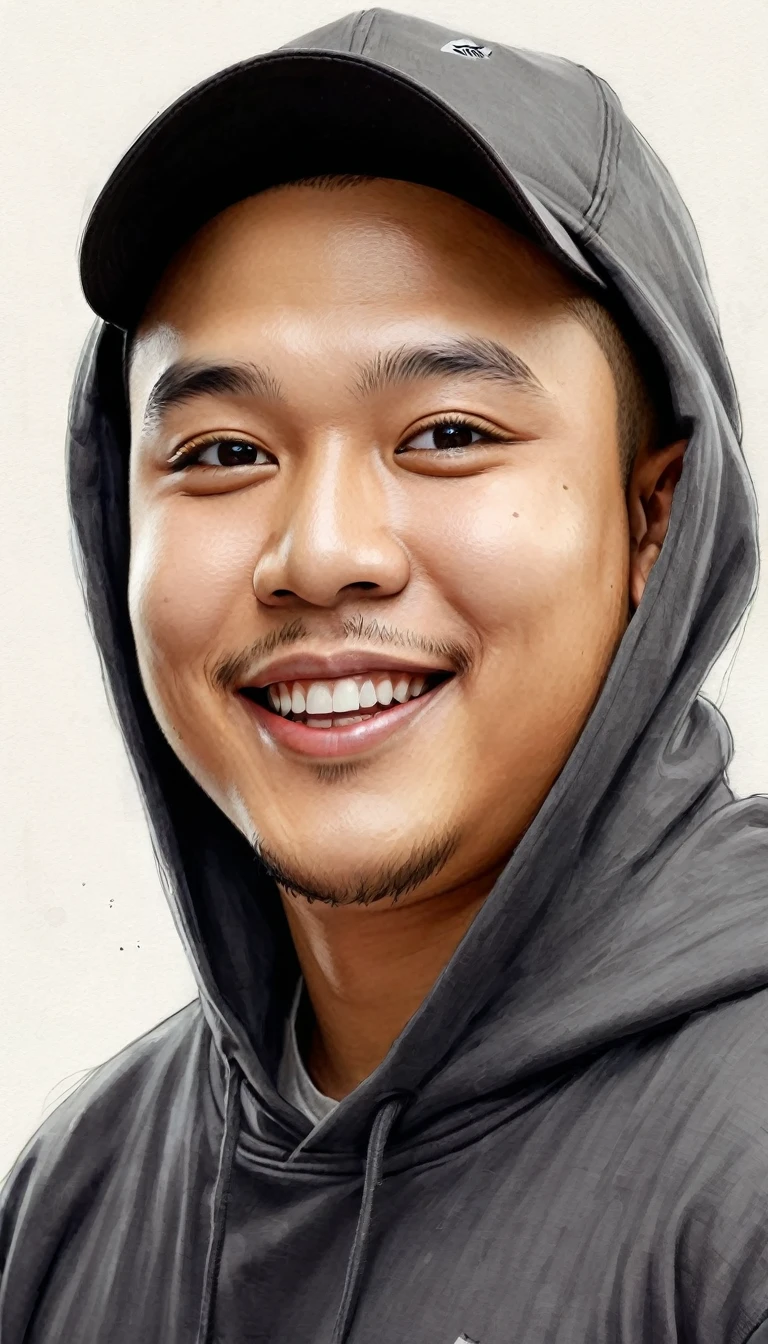 Masterpiece, best quality, dreamwave, aesthetic, 1 indonesian fat young man, wajah bulat rambut buzz cut hair  style,,open look,wearing hoodie and hat, (looking into the eyes), smiling charmingly funny, free field of sheet, sketch, lineart, pencil, clear cream background, portrait by Alizee, Style by Nikolay Feshin, artistic oil painting stick,charcoal