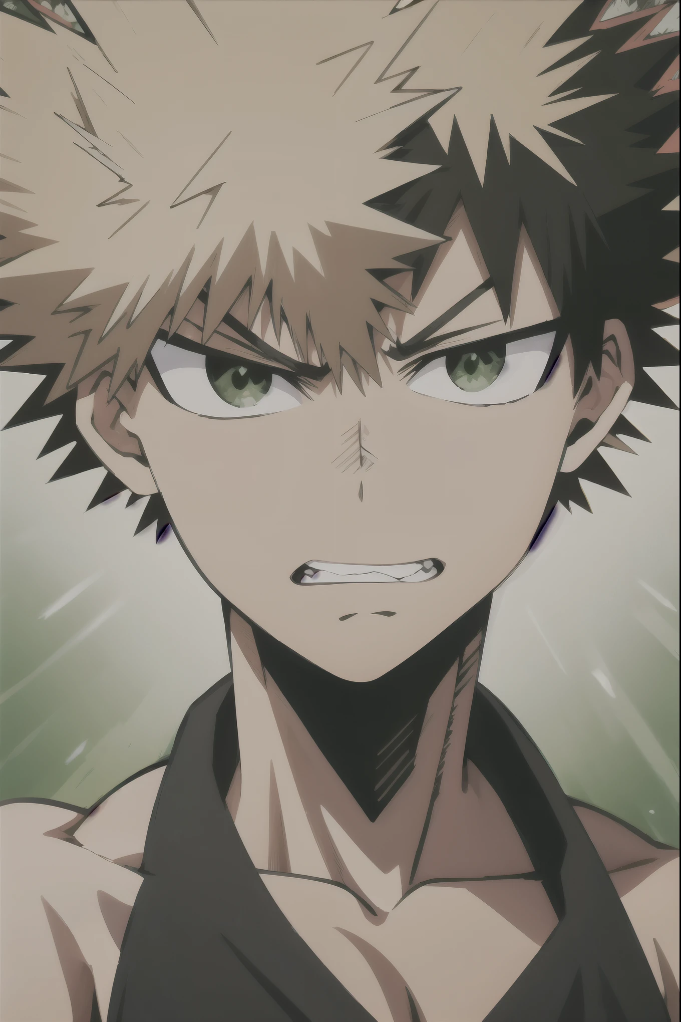 Black hair, spiked hair, bare shoulders, green eyes, bakugou katsuki, suprise face, (face close)