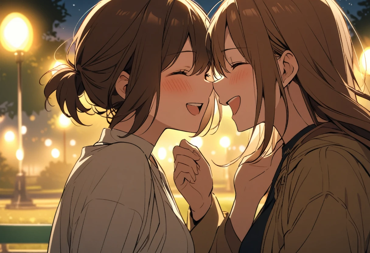 A couple is laughing at each other in a park at night, facing each other with their eyes closed、Woman has long brown hair