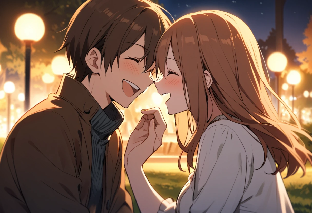 A couple is laughing at each other in a park at night, facing each other with their eyes closed、Woman has long brown hair