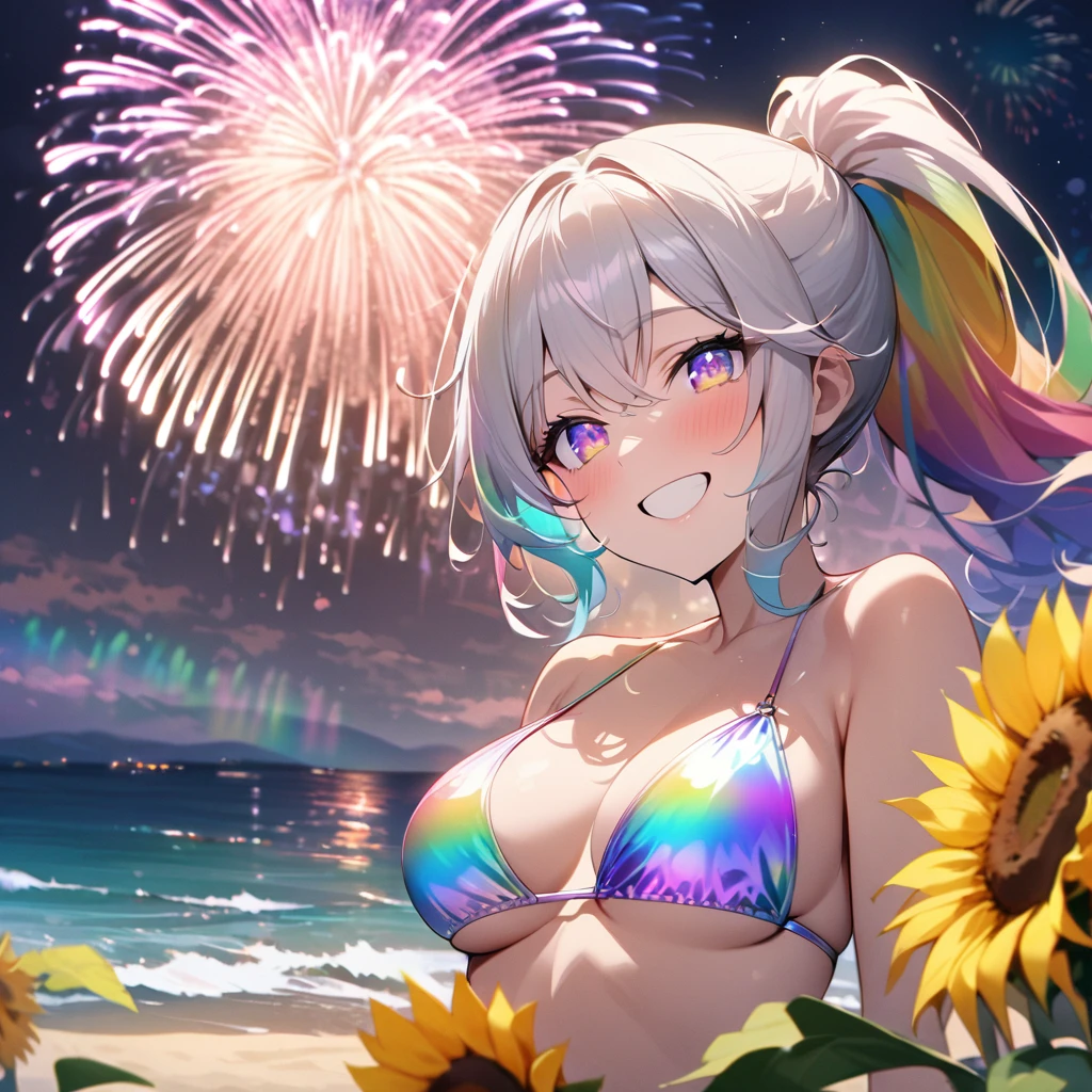 Top quality, masterpiece,Rainbow Hair,ponytail,Rainbow Eyes,smile,woman wearing a iridescent bikini,Gorgeous fireworks, rainbow and stars in the night sky, sunflower field, sea, sandy beach, smile,Full screen rainbow effect