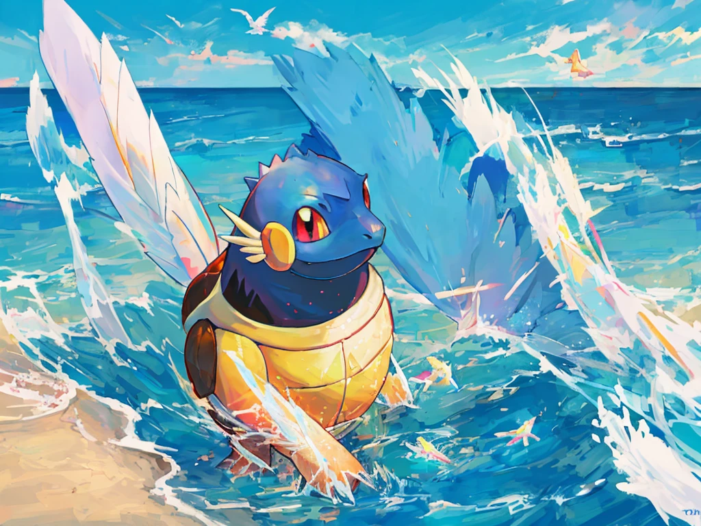 Squirtle_Pokemon, near the lake, Grass, Detailed Background, Hidemancer, water, Wave, waterしぶき, Tarot Border,The portrait is centered