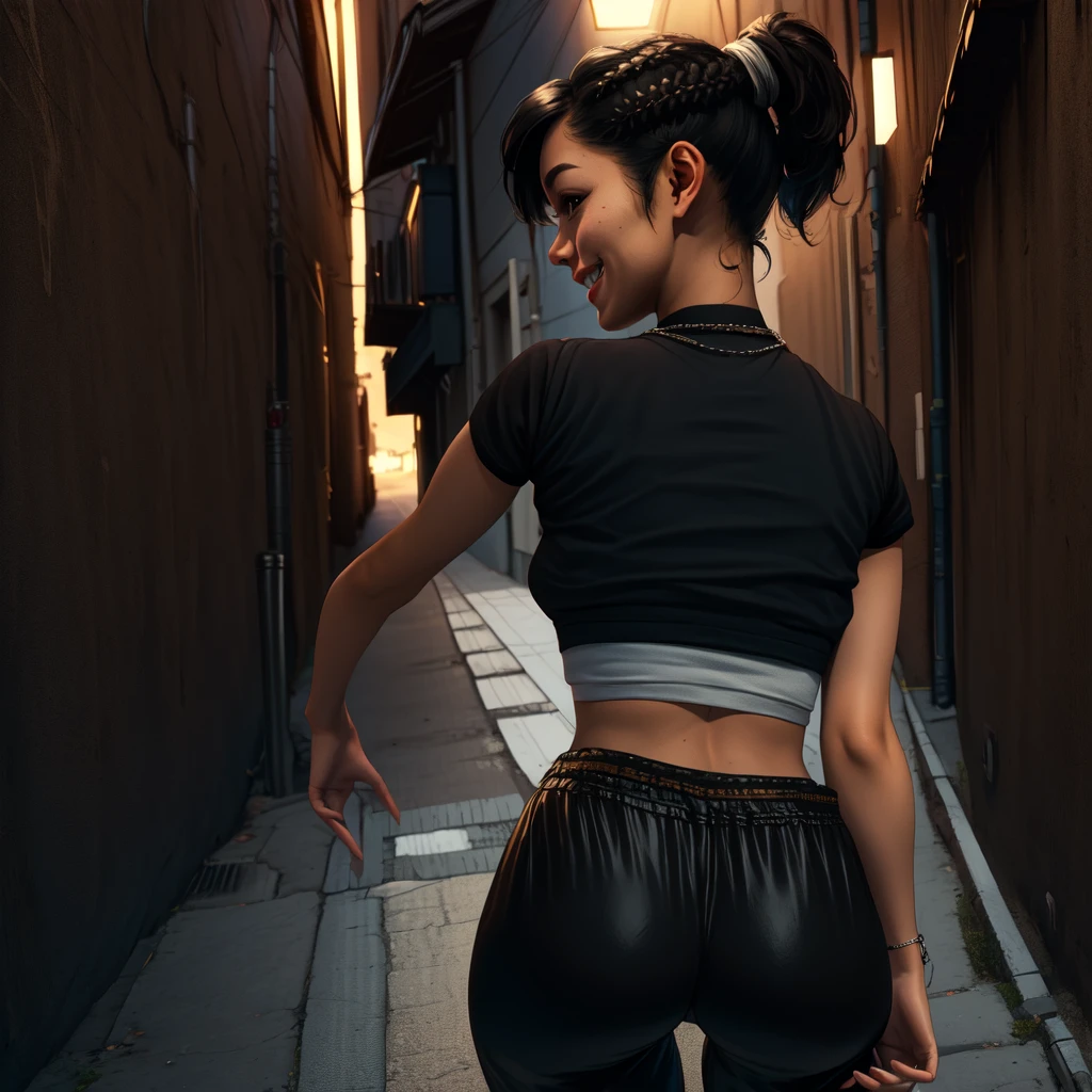 Chitose,black hair,brown eyes,short hair,ponytail,braids,short sleeve,
crop top, (pulling her pants down to show her bare butt),black pants,necklace,street,night,alley, smile, 
(insanely detailed,masterpiece, best quality)((solo,1girl,alone))