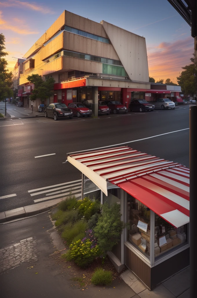 there is a red and white building with a red awning, street top view, street perspective, street level view, hdr shot, parking in the street, street corner, city street view background, interesting angle, restaurant in background, hdr photo, discovered photo, perspective shot, mid-view, soft filmic tonemapping, real image