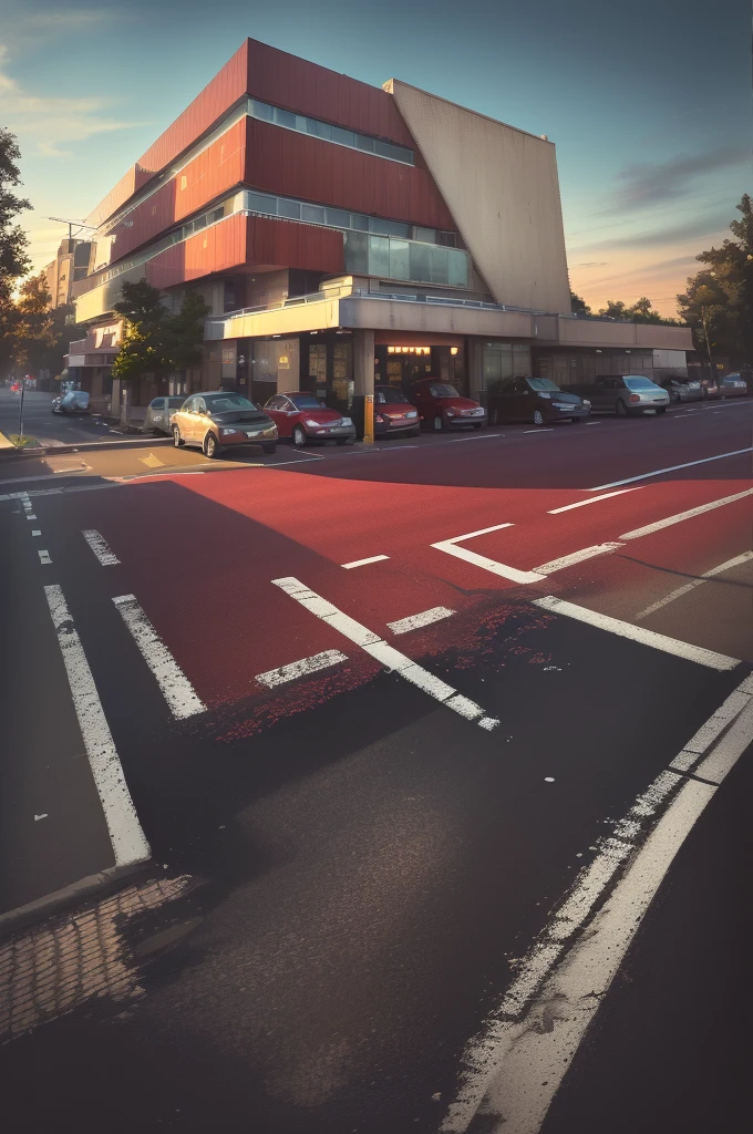 there is a red and white building with a red awning, street top view, street perspective, street level view, hdr shot, parking in the street, street corner, city street view background, interesting angle, restaurant in background, hdr photo, discovered photo, perspective shot, mid-view, soft filmic tonemapping, real image