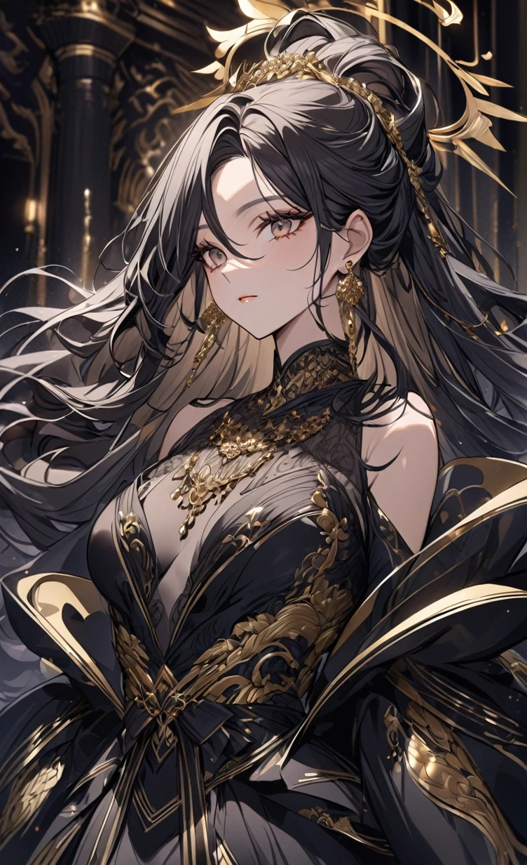 A captivating portrait of a regal woman with a stunning hairstyle, featuring voluminous, textured locks that cascade around her face like a golden halo. She is dressed in an opulent black gown adorned with exquisite gold embroidery and detailing, emphasizing her elegant and dramatic figure. The gown's off-the-shoulder sleeves and fitted bodice add a touch of sophistication. The woman wears an array of ornate gold jewelry, including a choker, earrings, and layered necklaces, which accentuate her royal aura. The background is a rich dark color with luxurious gold patterns, further enhancing the scene's richness and elegance. The lighting accentuates her flawless skin and the intricate details of her attire, creating a powerful and majestic presence.