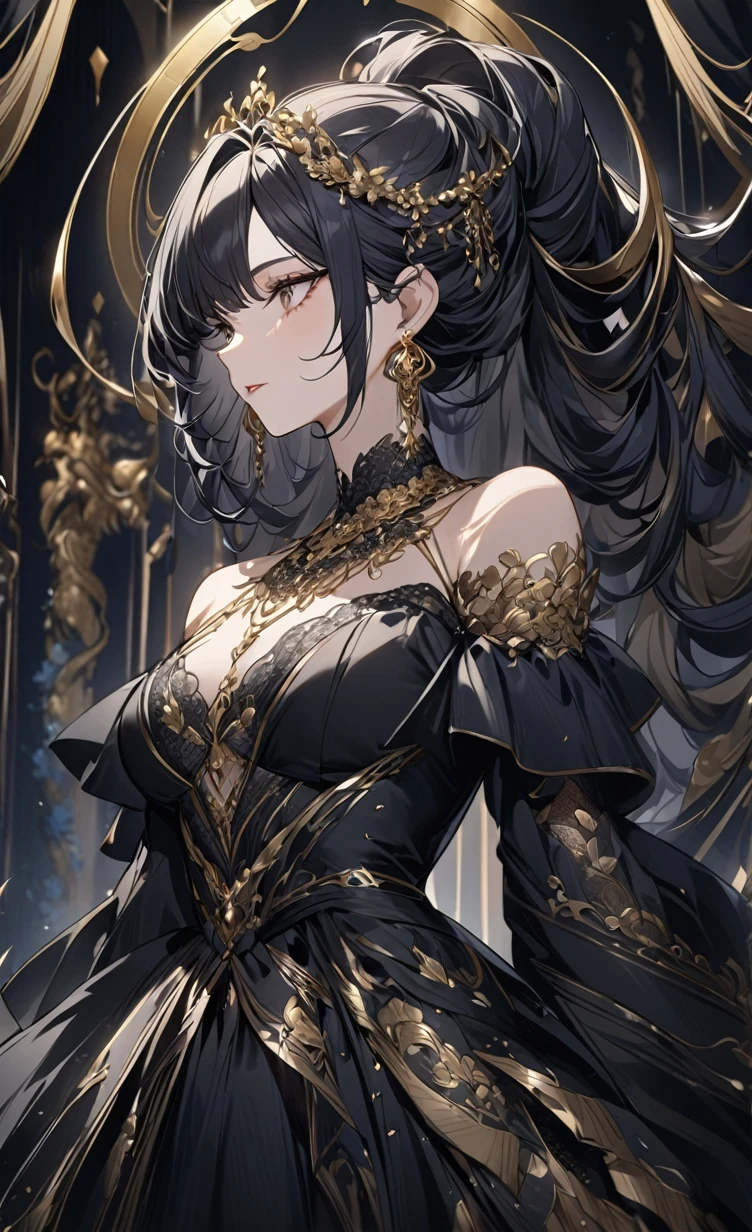 A captivating portrait of a regal woman with a stunning hairstyle, featuring voluminous, textured locks that cascade around her face like a golden halo. She is dressed in an opulent black gown adorned with exquisite gold embroidery and detailing, emphasizing her elegant and dramatic figure. The gown's off-the-shoulder sleeves and fitted bodice add a touch of sophistication. The woman wears an array of ornate gold jewelry, including a choker, earrings, and layered necklaces, which accentuate her royal aura. The background is a rich dark color with luxurious gold patterns, further enhancing the scene's richness and elegance. The lighting accentuates her flawless skin and the intricate details of her attire, creating a powerful and majestic presence.