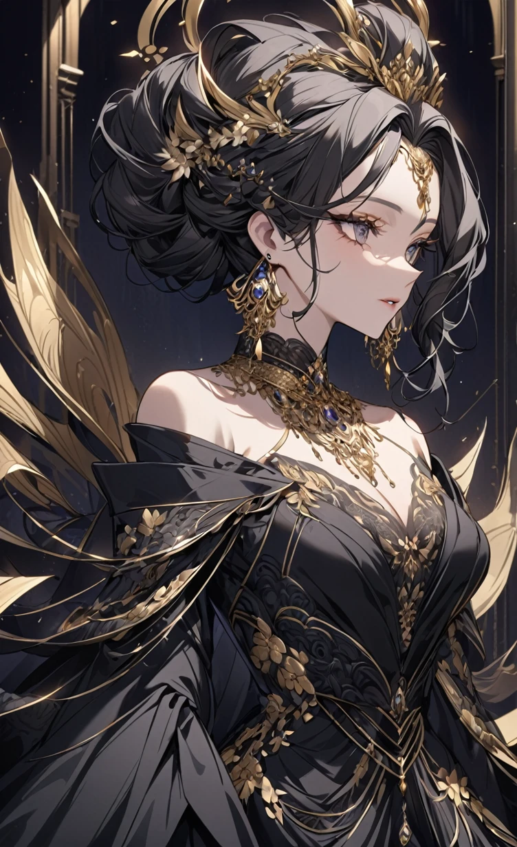 A captivating portrait of a regal woman with a stunning hairstyle, featuring voluminous, textured locks that cascade around her face like a golden halo. She is dressed in an opulent black gown adorned with exquisite gold embroidery and detailing, emphasizing her elegant and dramatic figure. The gown's off-the-shoulder sleeves and fitted bodice add a touch of sophistication. The woman wears an array of ornate gold jewelry, including a choker, earrings, and layered necklaces, which accentuate her royal aura. The background is a rich dark color with luxurious gold patterns, further enhancing the scene's richness and elegance. The lighting accentuates her flawless skin and the intricate details of her attire, creating a powerful and majestic presence.