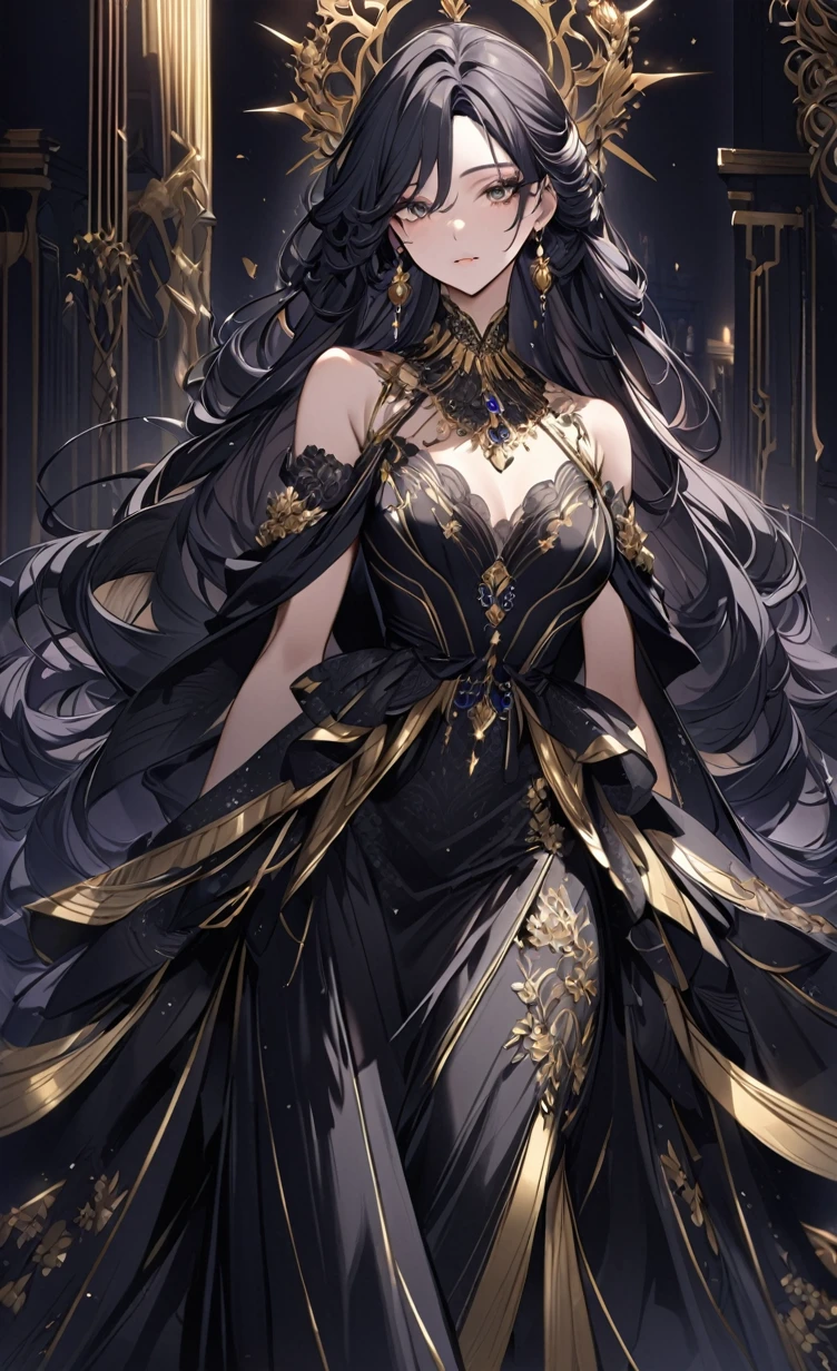 A captivating portrait of a regal woman with a stunning hairstyle, featuring voluminous, textured locks that cascade around her face like a golden halo. She is dressed in an opulent black gown adorned with exquisite gold embroidery and detailing, emphasizing her elegant and dramatic figure. The gown's off-the-shoulder sleeves and fitted bodice add a touch of sophistication. The woman wears an array of ornate gold jewelry, including a choker, earrings, and layered necklaces, which accentuate her royal aura. The background is a rich dark color with luxurious gold patterns, further enhancing the scene's richness and elegance. The lighting accentuates her flawless skin and the intricate details of her attire, creating a powerful and majestic presence.