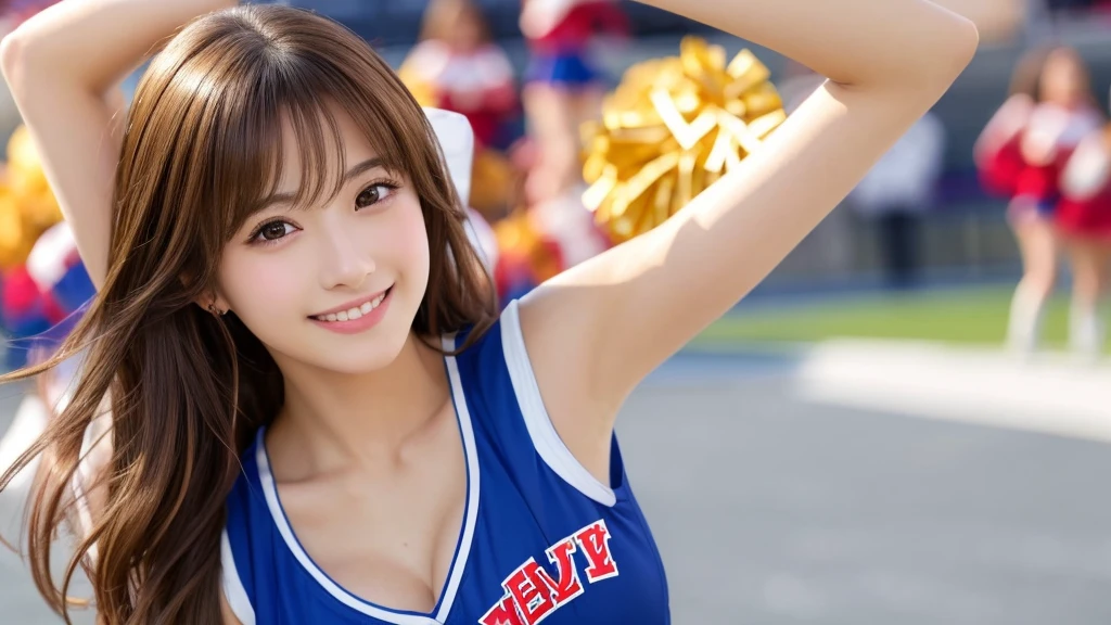 Realistic、Masseter region、Highest quality、High resolution、RAW Photos、Realistic、Bright lighting、Face Light、Smooth Professional Lighting、Japanese women、Beautiful woman、Modeled、gravure、sexy、so beautiful、Realisticで美しい肌、Beautiful and detailed、Detailed face、slim、Large Breasts、Cleavage、short hair、Brunette Hair、Brown eyes、Looking into the camera、Cheerleader、Cheerleader、Cheerleader、smile