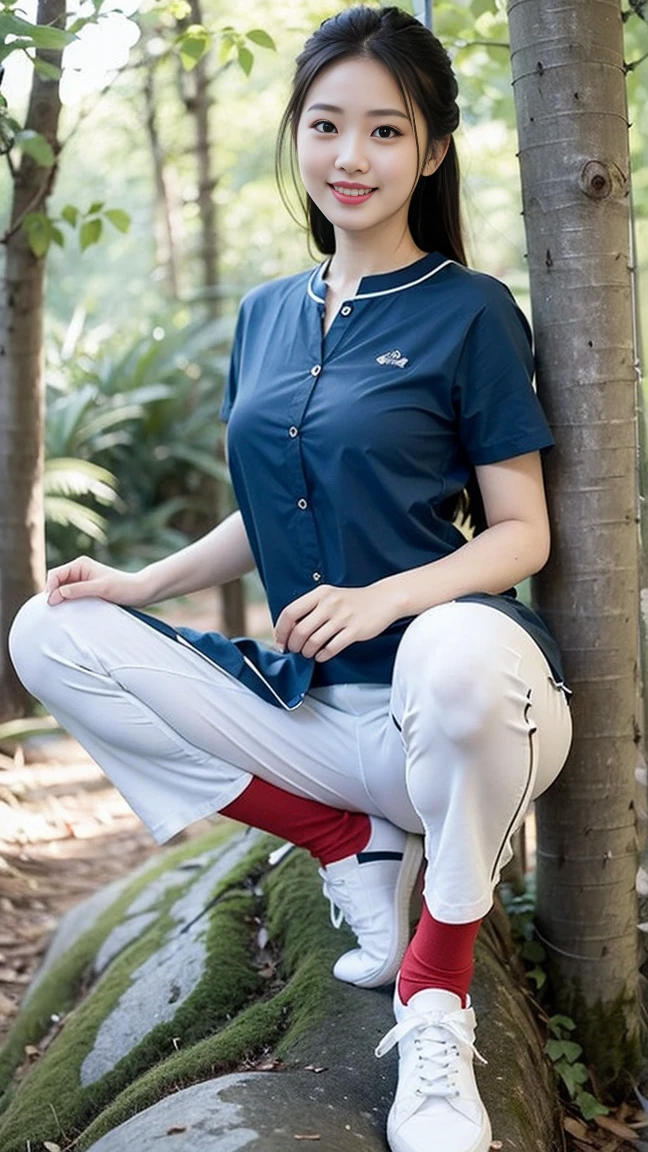 masterpiece, best quality, Surreal, Ultra Detailed, 8K resolution, RAW photos, Clear focus, (A girl in the forest), ((navy blue shirt:1.1)), Short sleeve, Long sweatpants,Full body posture, Solitary, Perfect body, Become a, 32 inches in the chest,(a charming smile:1), (sexy pose),26 years old, light,White shoes