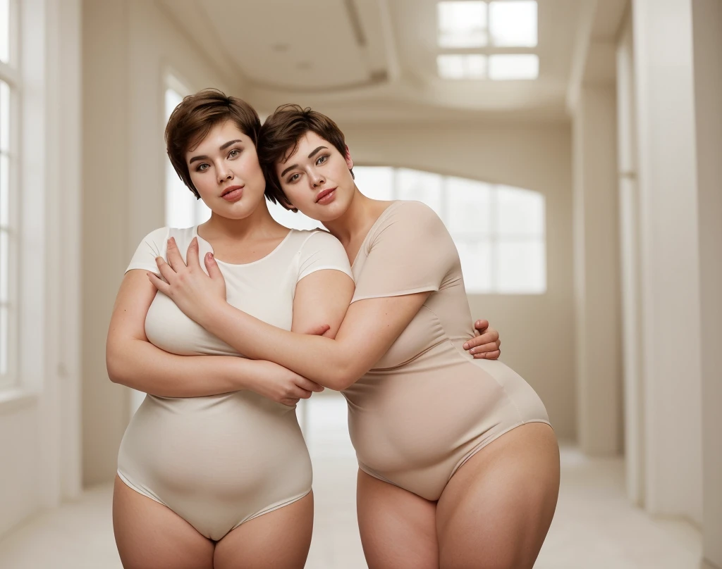 a coupe plus size woman with a very short hair hugs, front view, (2 woman)
