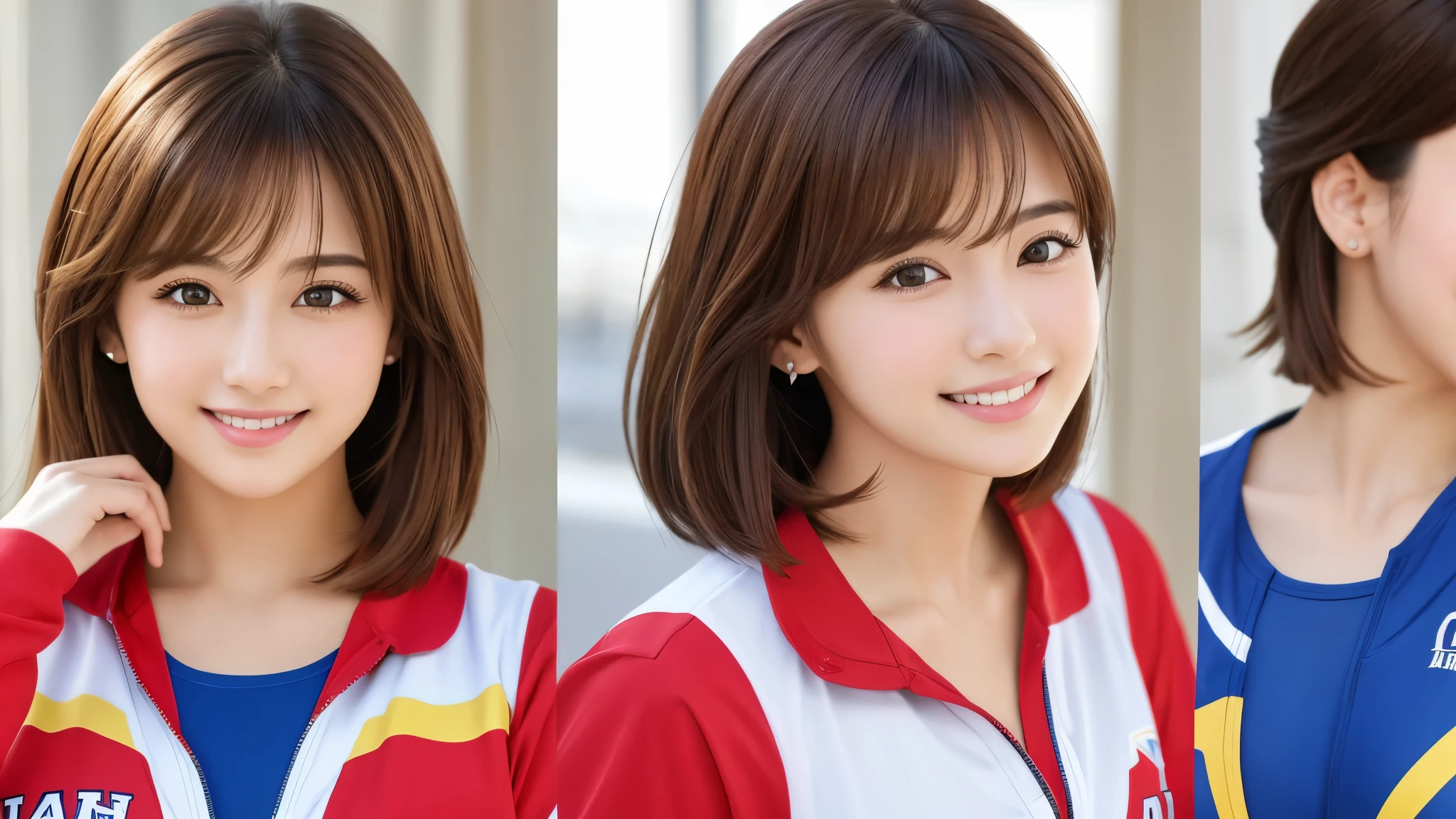 Realistic、Masseter region、Highest quality、High resolution、RAW Photos、Realistic、Bright lighting、Face Light、Smooth Professional Lighting、Japanese women、Beautiful woman、Modeled、gravure、sexy、so beautiful、Realisticで美しい肌、Beautiful and detailed、Detailed face、slim、Large Breasts、Cleavage、short hair、Brunette Hair、Brown eyes、Looking into the camera、Cheerleader、Cheerleader、Cheerleader、smile