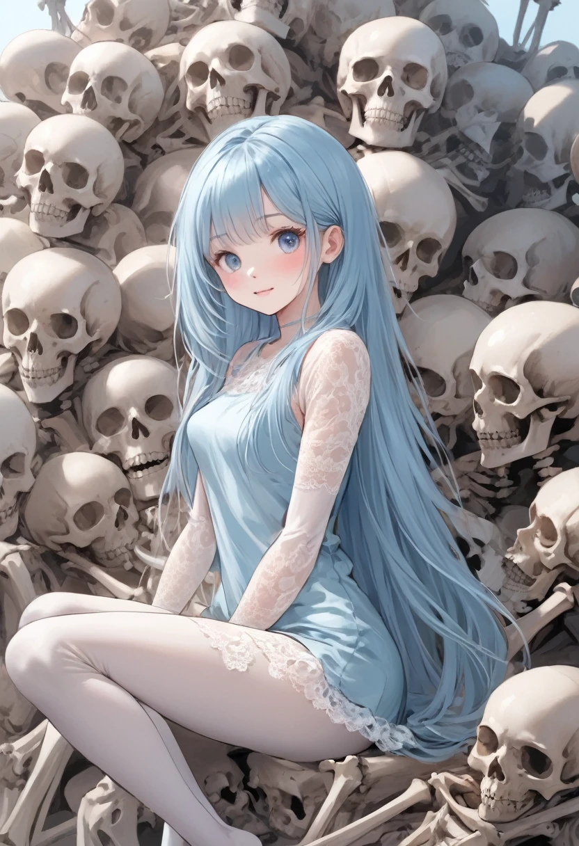 masterpiece, best quality, extremely detailed, (illustration, official art:1.1), 1 girl ,(((( light blue long hair)))), ,(((( light blue long hair)))),light blue hair, , long hair ((blush)) , cute face, big eyes, masterpiece, best quality,(((((a very delicate and beautiful girl))))),Amazing,beautiful detailed eyes,blunt bangs((((little delicate girl)))),tareme(true beautiful:1.2), sense of depth,dynamic angle,,,, affectionate smile, (true beautiful:1.2),,(tiny 1girl model:1.2),)(flat chest) ,The beautiful girl in onepiece is sitting astride a pile of skeletons in the center of the picture. . There are multiple comic storyboards in the background,cbt,(masterpiece, best quality:1.2),1 beautiful girl,sexy,comic storyboard:2, leggings, sit astride, axially symmetrical:2, ,sounding,cbt,hold,,colorful,trembling,juice,spray, Long hair,Lace top,torogao