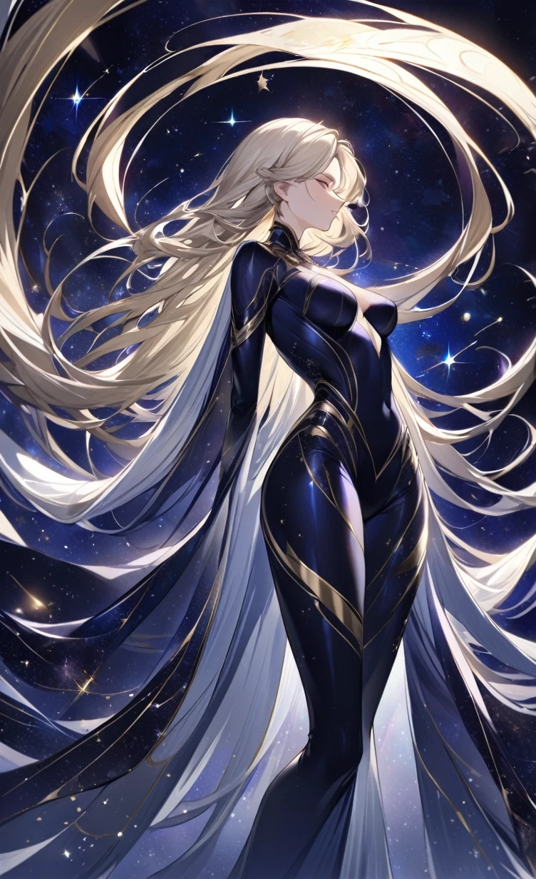 A mesmerizing portrait of a cosmic goddess standing with poise and authority, illuminated against a swirling galaxy backdrop. Her form-fitting bodysuit is intricately designed with sparkling stars and constellations, seamlessly blending her body with the cosmic landscape. The suit's shimmering gold accents emphasize her curves and regal presence. Her platinum blonde hair gracefully flows down her back, adding an ethereal touch to her celestial beauty. A radiant, flowing cape of golden light drapes around her, enhancing her majestic aura. The celestial backdrop of the galaxy, filled with stars and cosmic patterns, envelops her in a vast and infinite universe, embodying the perfect balance of power and tranquility.