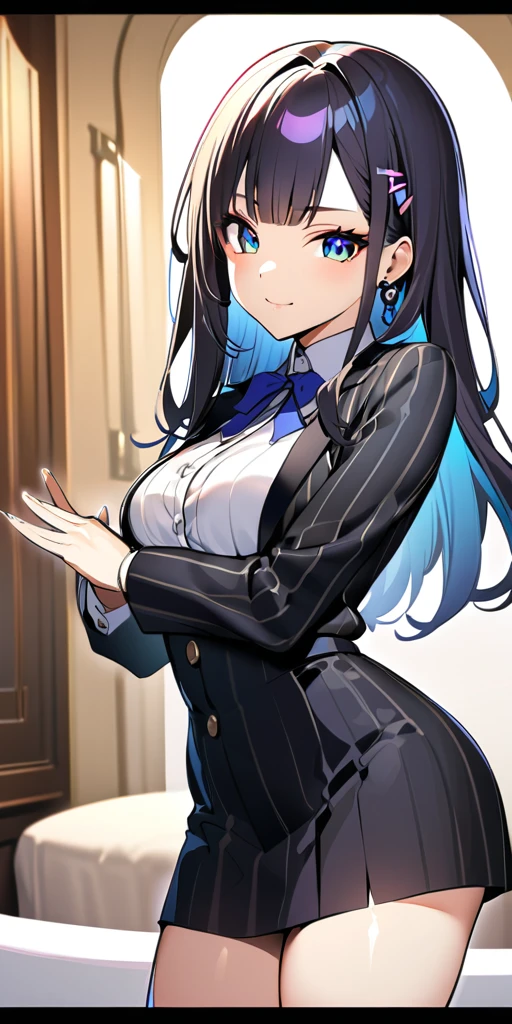 ((Highest quality、masterpiece、anime style、best quality、high resolution、8k、detailed、ultra-detailed:1.3))、Long legs、Sharp focus:1.2, Beautiful woman with perfect figure:1.4、(Smiling:1.2), double eyelid、30-year-old female、Sexy pose、((((Close your mouth、One Woman、Witch、Luxury hotel lounge))))、(((((Hands on the side of the body)))))