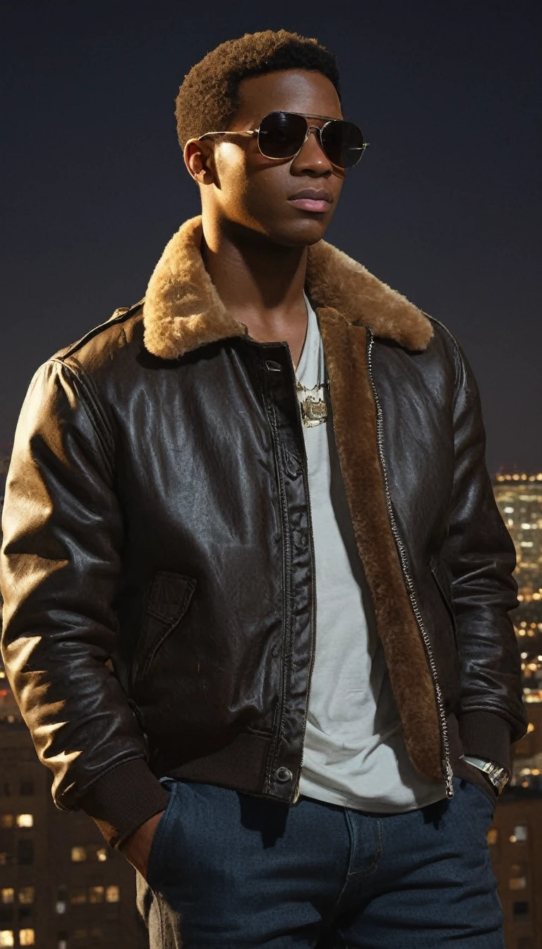 An illustrated movie poster, hand-drawn, full color, a vigilante black man, 26 years-old, wearing a brown aviator jacket and sunglasses, stocky, soft doughy physique, deep brown eyes, wide bulbous nose, full lips, black hair, curly quiff, thick bushy eyebrows, extremely hairy chest, stomach, and arms, lots of body hair, posing on a moonlit rooftop, hard shadows, graphite shading, stencil markings, airbrushed acrylic paint, masterpiece, in the style of Rockstar Games 