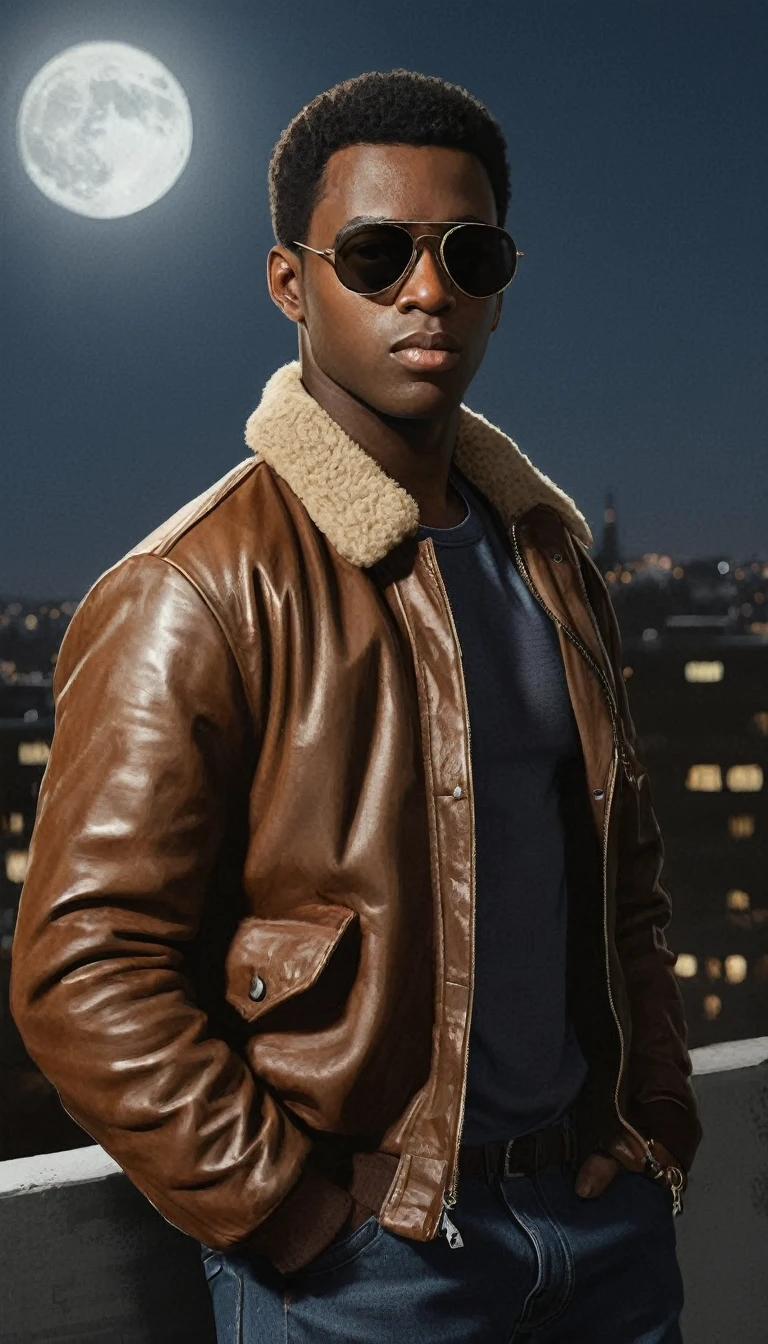 An illustrated movie poster, hand-drawn, full color, a vigilante black man, 26 years-old, wearing a brown aviator jacket and sunglasses, stocky, soft doughy physique, deep brown eyes, wide bulbous nose, full lips, black hair, curly quiff, thick bushy eyebrows, extremely hairy chest, stomach, and arms, lots of body hair, posing on a moonlit rooftop, hard shadows, graphite shading, stencil markings, airbrushed acrylic paint, masterpiece, in the style of Rockstar Games 