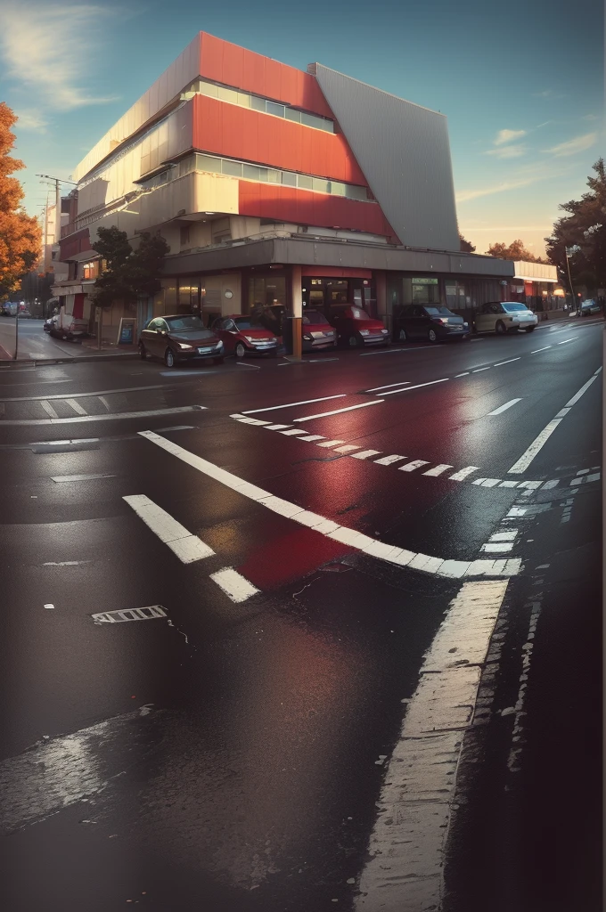 there is a red and white building with a red awning, street top view, street perspective, street level view, hdr shot, parking in the street, street corner, city street view background, interesting angle, restaurant in background, hdr photo, discovered photo, perspective shot, mid-view, soft filmic tonemapping, real image