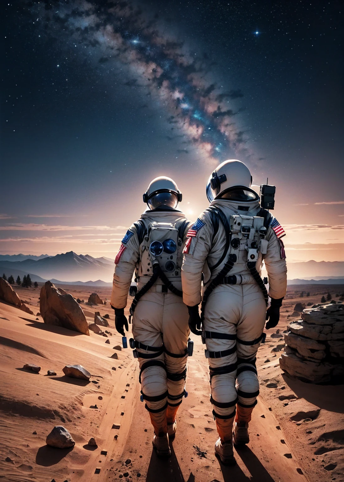 An astronaut walking on Mars at night, with an environment filled with rocks, stones, mountains, and peaks. The scene is viewed from behind the astronaut, so the viewer sees the astronaut from the back. The Martian sky is dark with stars visible, and the landscape is illuminated by the astronaut's suit lights.