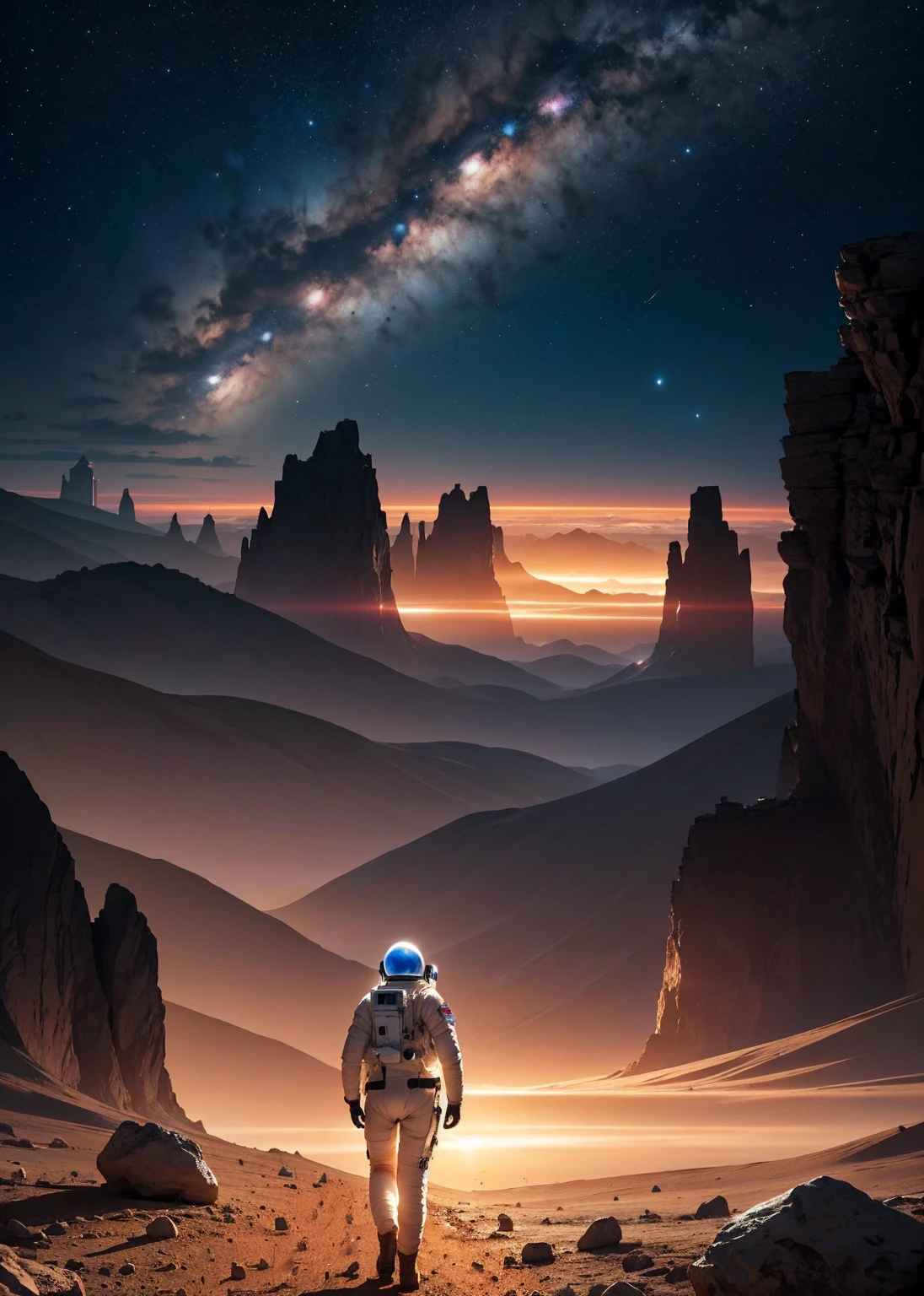 An astronaut walking on Mars at night, with an environment filled with rocks, stones, mountains, and peaks. The scene is viewed from behind the astronaut, so the viewer sees the astronaut from the back. The Martian sky is dark with stars visible, and the landscape is illuminated by the astronaut's suit lights.
