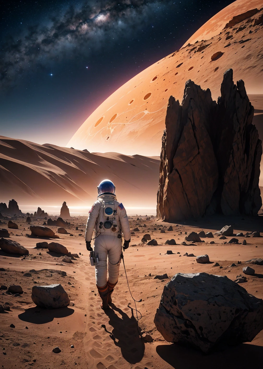 An astronaut walking on Mars at night, with an environment filled with rocks, stones, mountains, and peaks. The scene is viewed from behind the astronaut, so the viewer sees the astronaut from the back. The Martian sky is dark with stars visible, and the landscape is illuminated by the astronaut's suit lights.