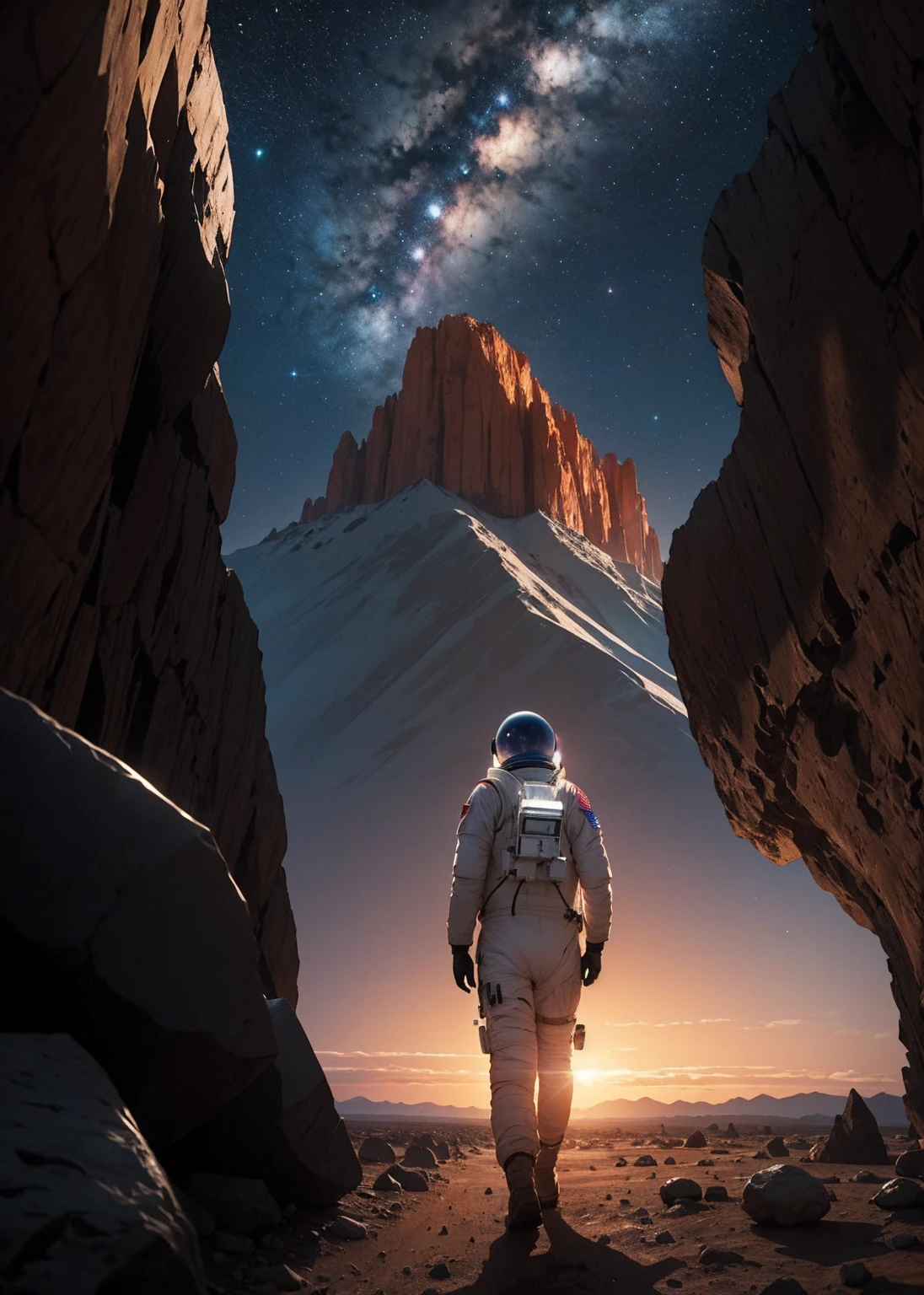 An astronaut walking on Mars at night, with an environment filled with rocks, stones, mountains, and peaks. The scene is viewed from behind the astronaut, so the viewer sees the astronaut from the back. The Martian sky is dark with stars visible, and the landscape is illuminated by the astronaut's suit lights.