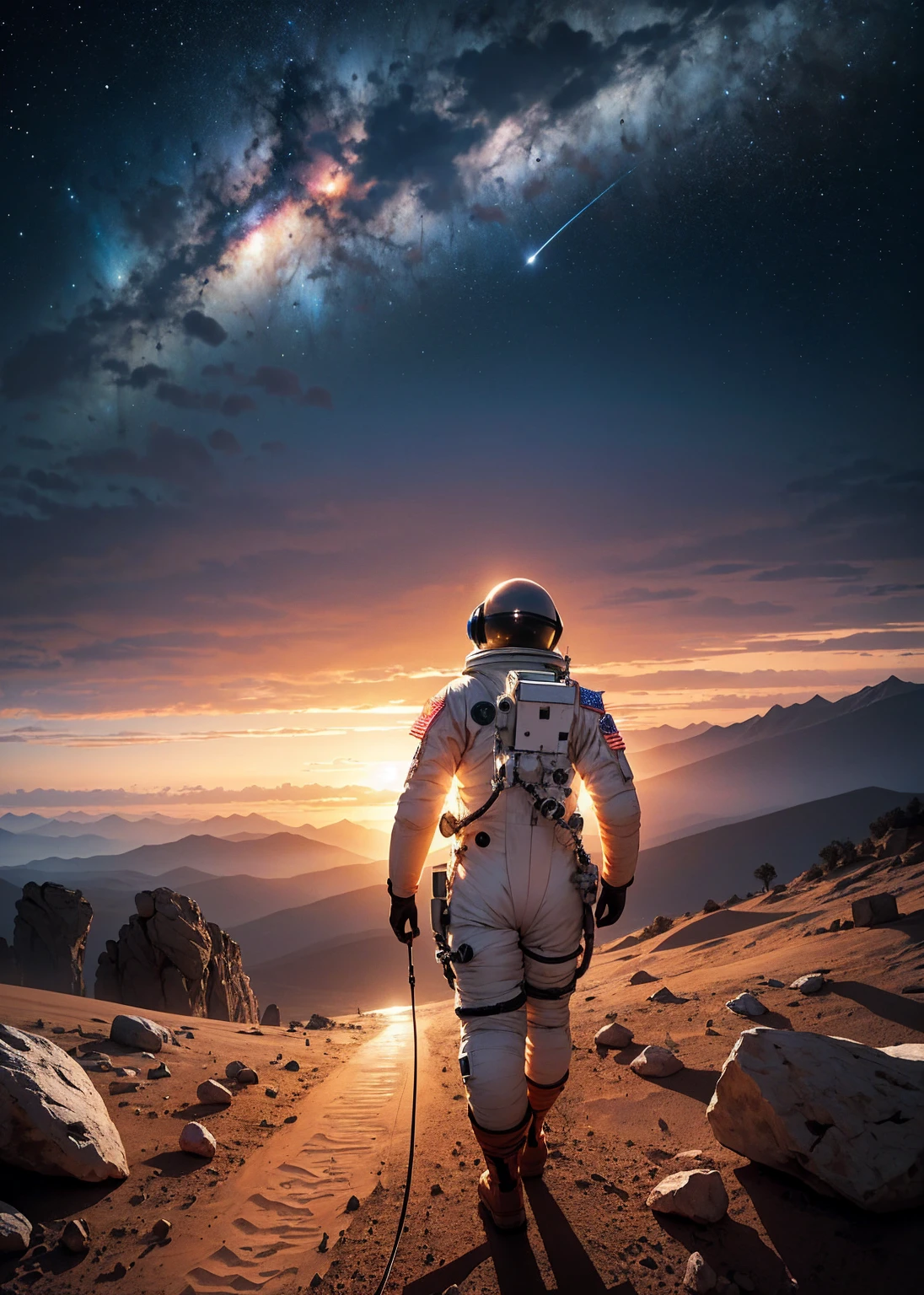 An astronaut walking on Mars at night, with an environment filled with rocks, stones, mountains, and peaks. The scene is viewed from behind the astronaut, so the viewer sees the astronaut from the back. The Martian sky is dark with stars visible, and the landscape is illuminated by the astronaut's suit lights.