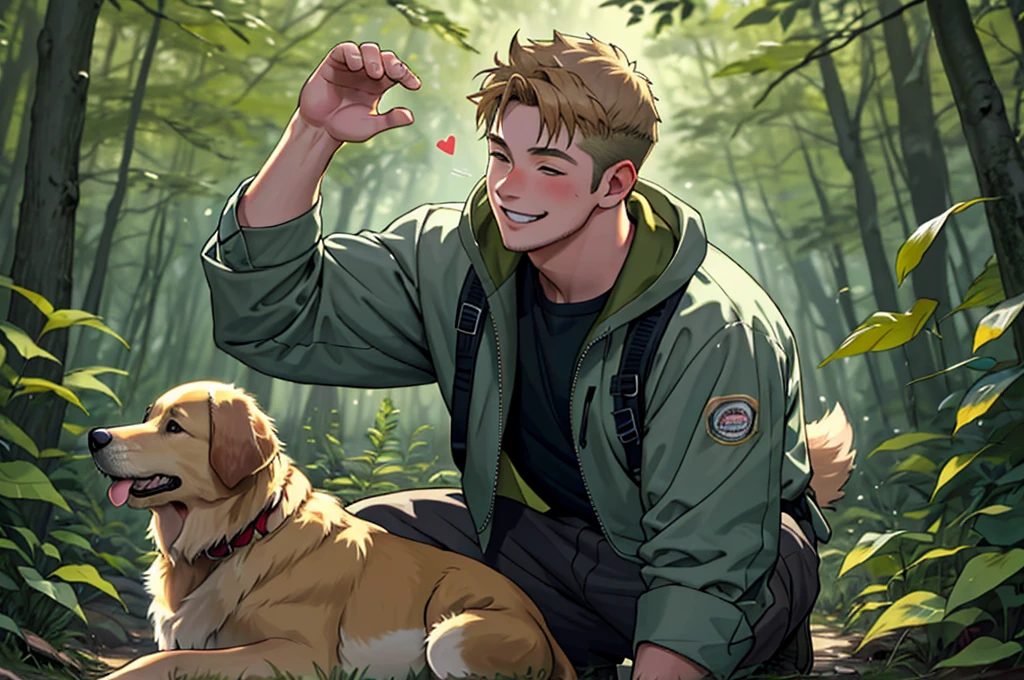 a boy and a golden retriever dog, hiking clothes, in the forest, the dog licking the boy's mouth , the well detailed, face focus, happy smile, heart-warming