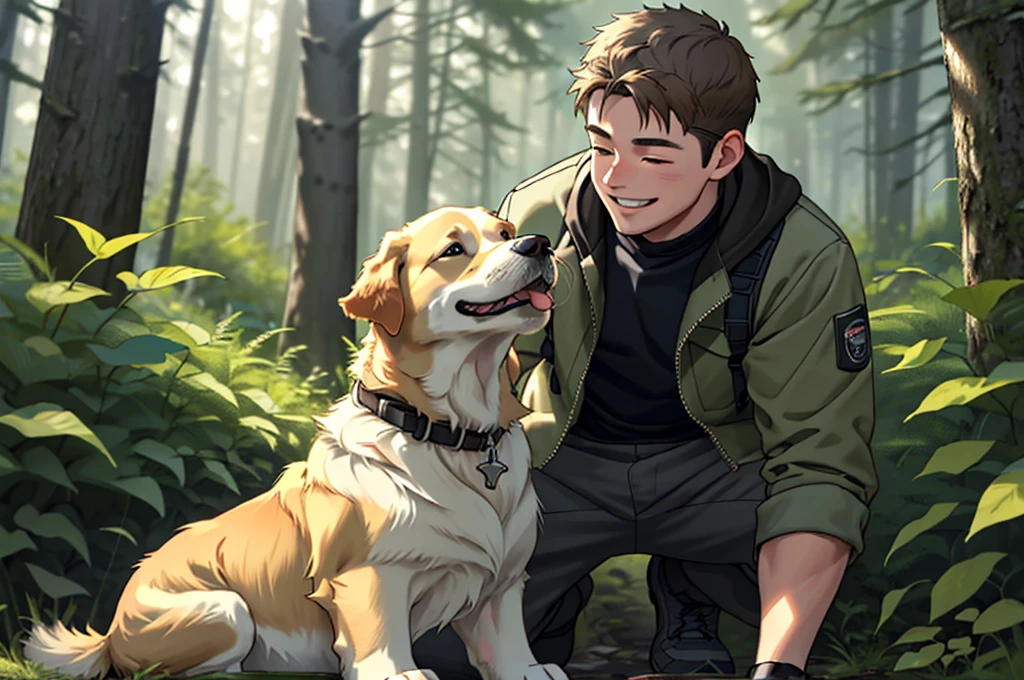 a boy and a golden retriever dog, hiking clothes, in the forest, the dog licking the boy's mouth , the well detailed, face focus, happy smile, heart-warming