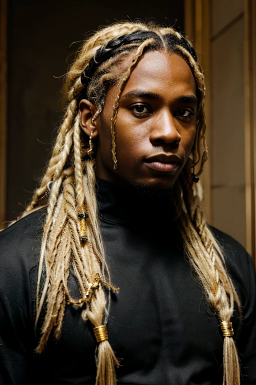 Black male super hero a son of God with blonde dreadlocks, wearing black and gold