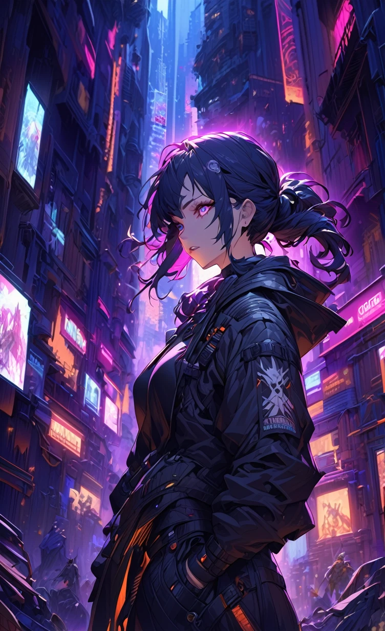 A stunning, high-resolution portrait of a fearless, urban warrior woman. Her dark, cascading hair complements her edgy, black tactical ensemble, complete with leather straps and mesh accents. Her powerful stance and unwavering gaze convey an aura of unyielding strength. The backdrop of a bustling, neon-lit cityscape at night showcases the futuristic, urban setting. This captivating image, crafted by talented artists like Pascal Blanche, Greg Rutkowski, Martina Grimm, and George Hurrell, captures the essence of a cinematic, over-the-shoulder shot with perfect backlighting, making it a true masterpiece., photo, cinematic