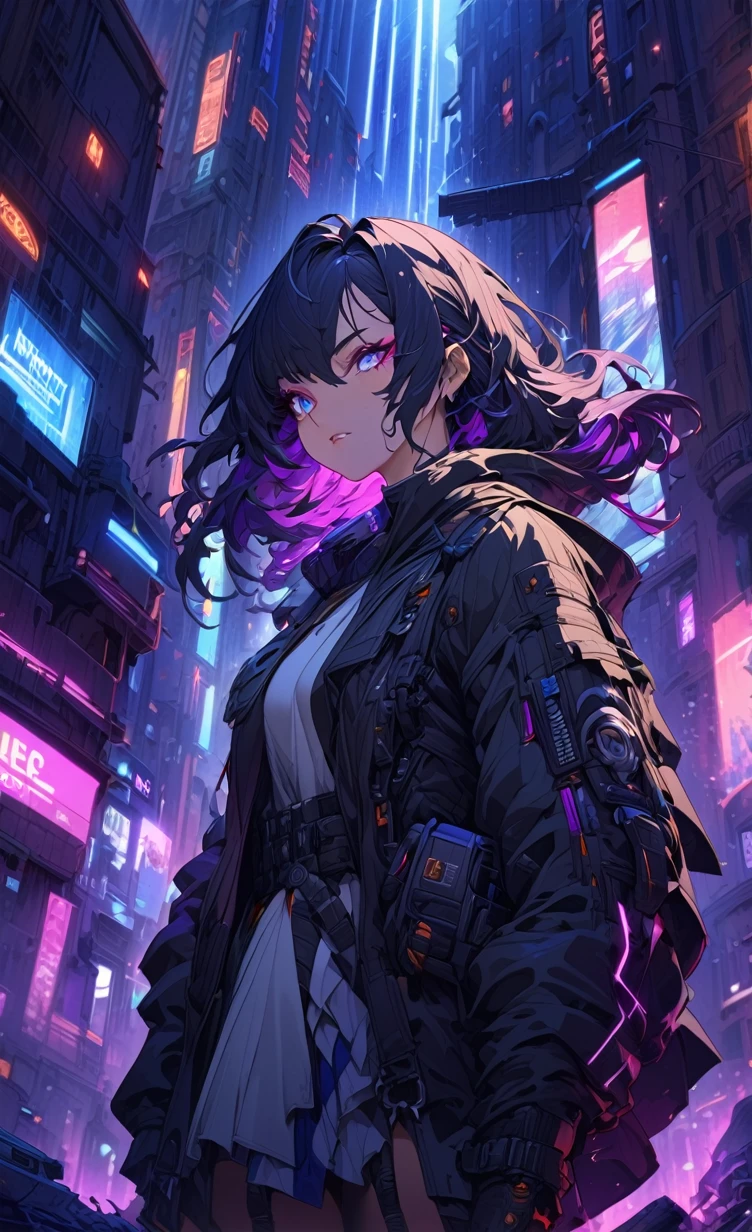 A stunning, high-resolution portrait of a fearless, urban warrior woman. Her dark, cascading hair complements her edgy, black tactical ensemble, complete with leather straps and mesh accents. Her powerful stance and unwavering gaze convey an aura of unyielding strength. The backdrop of a bustling, neon-lit cityscape at night showcases the futuristic, urban setting. This captivating image, crafted by talented artists like Pascal Blanche, Greg Rutkowski, Martina Grimm, and George Hurrell, captures the essence of a cinematic, over-the-shoulder shot with perfect backlighting, making it a true masterpiece., photo, cinematic