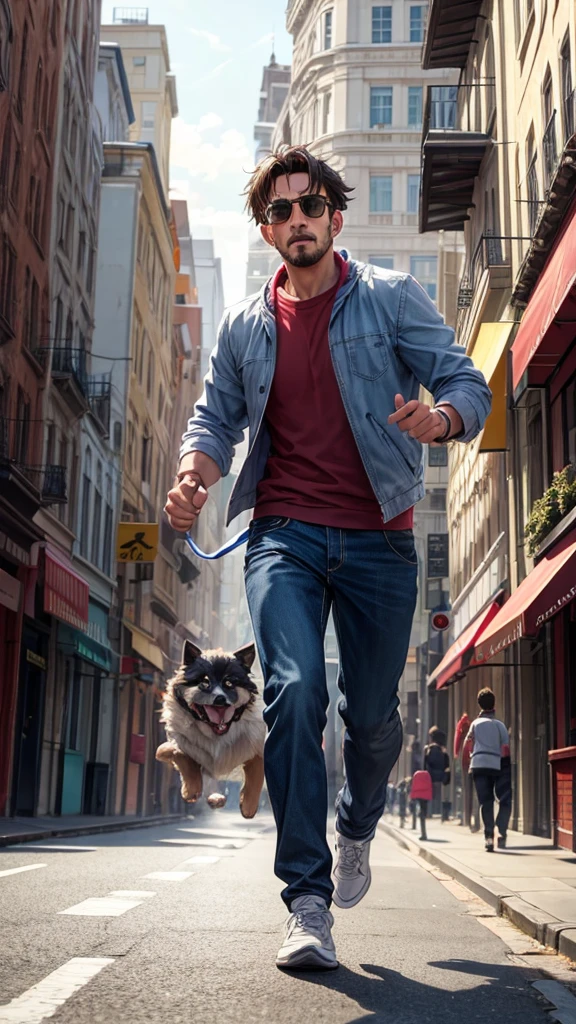 A man running down the street with a dog