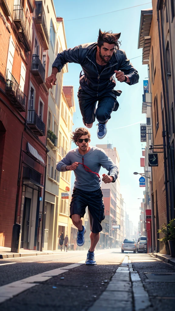 A man running down the street with a dog 