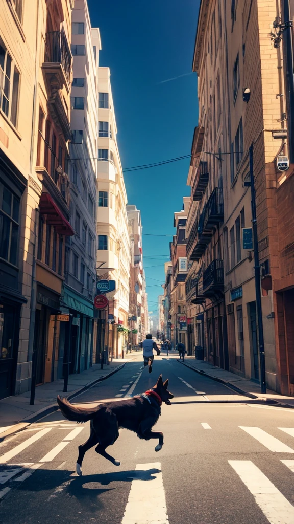 A man running down the street with a dog