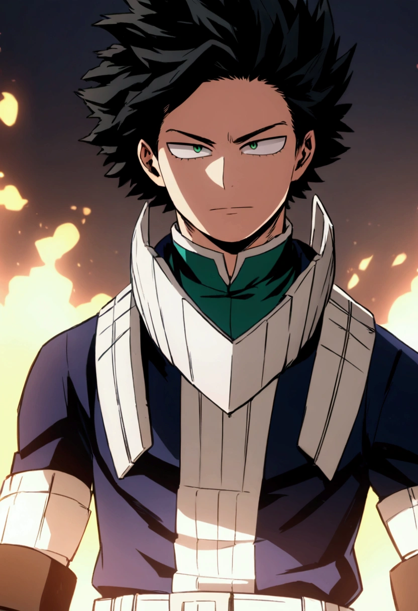 Screenshot of boku no hero academia , beautiful young boy .with strong black hair. Green eyes .wearing Boku no Hero clothes, gentle face, Boku no Hero Style