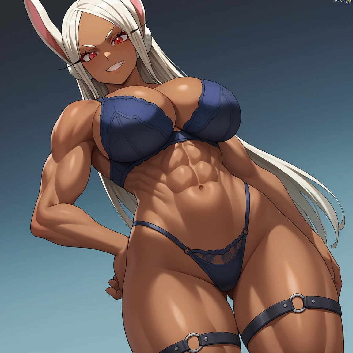 1girl, mirko, solo, underwear, muscular_female, animal_ears, dark_skin_female, big breasts, dark_skin, muscular, abdomen, rabbit_ears, thin micro panties Tall, white_hair, bra, looking_at viewer, red eyes, long hair, black_panties, thighs , high leg, obliques, big breasts, bunny_girl, long_eyelashes, navel, black_bra, thigh_strap, high_leg_panties, hand_on_hip, lingerie, bottom_bottom, lace_trim, smile, thick_thighs, bangs, split_fringe, underwear only, lace trim bra, looking down