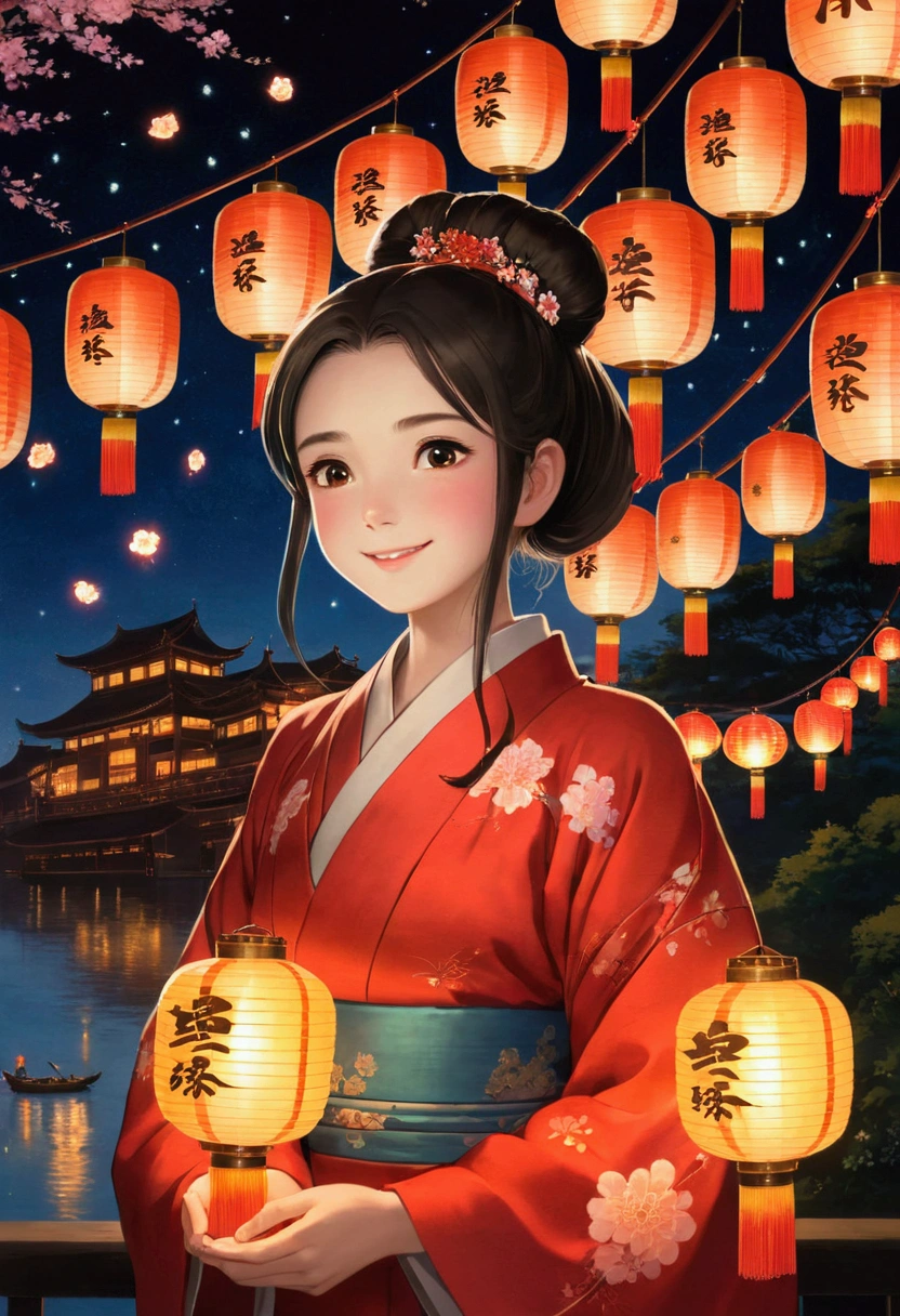 Ghibli　firework，Really beautiful girl，Laughing，Hanfu，View the lanterns