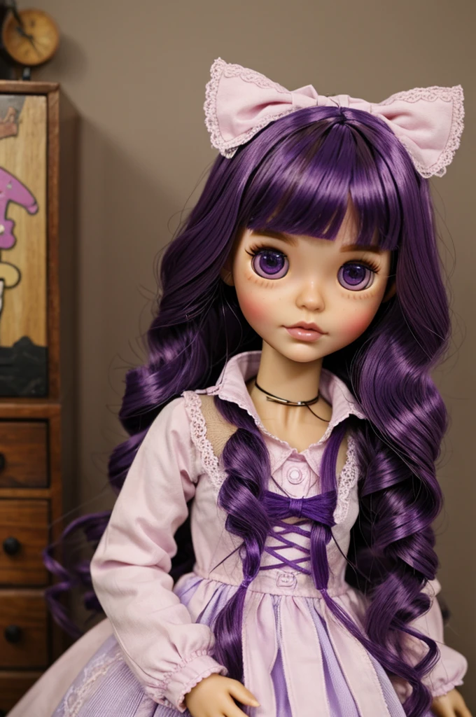 a blythe doll with purple hair and brown eyes