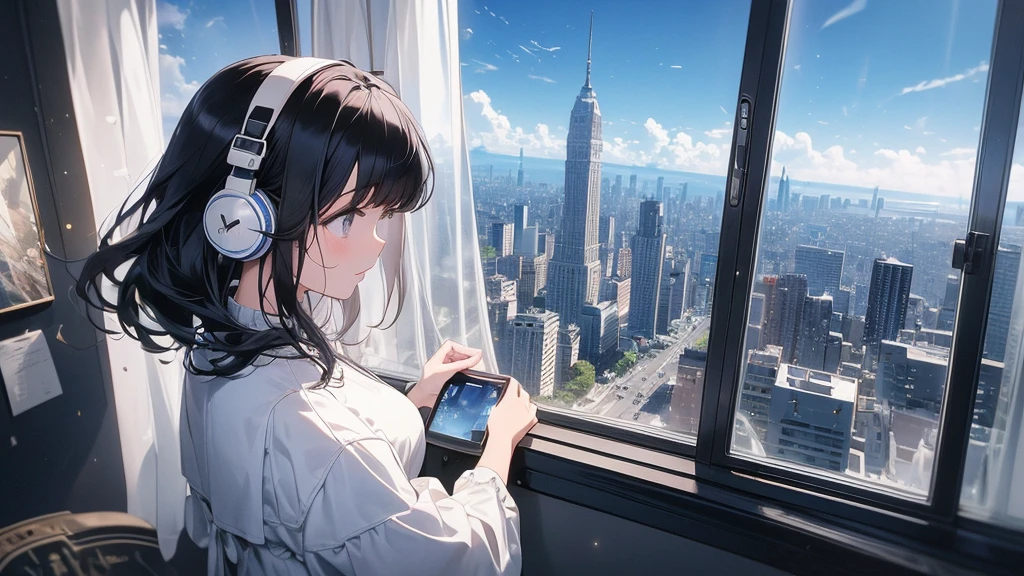 Ultra-high resolution, 8k, (Masterpiece, beautifully、mysterious:1.2), Works by Makoto Xin Haicheng, Lo-fi feel, Perfect human body engineering, 1 female, profile, Impressive eyes, Sparkling Eyes, White ruffled dress, Shiny long black hair, Larger than average bust, Listening to music through headphones, Looking out the window, A room with musical instruments, city view from the window, Impressive cityscape, Bright Sky, meteor, Wide angle, Before dusk