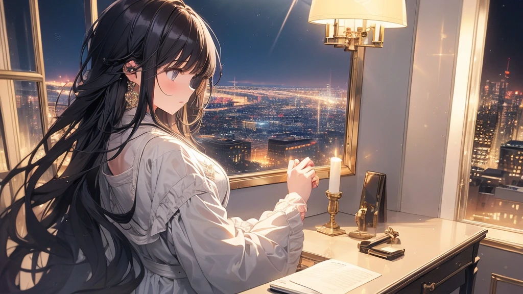 Ultra-high resolution, 8k, (Masterpiece, beautifully、mysterious:1.2), Works by Makoto Xin Haicheng, Lo-fi feel, Perfect human body engineering, 1 female, profile, Impressive eyes, Sparkling Eyes, White ruffled dress, Shiny long black hair, Larger than average bust, Listening to music through headphones, Looking out the window, A room with musical instruments, city view from the window, Impressive cityscape, Bright Sky, meteor, Wide angle, Before dusk