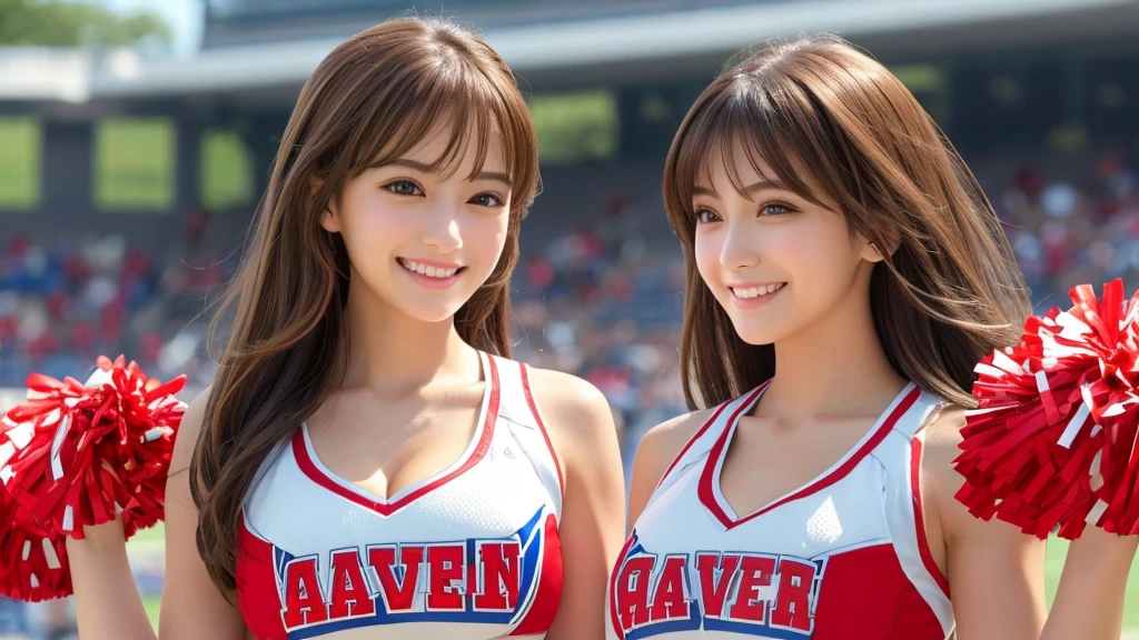 Realistic、Masseter region、Highest quality、High resolution、RAW Photos、Realistic、Bright lighting、Face Light、Smooth Professional Lighting、One Woman、Japanese women、Beautiful woman、Modeled、gravure、sexy、so beautiful、Realisticで美しい肌、Beautiful and detailed、Detailed face、slim、Large Breasts、Cleavage、short hair、Brunette Hair、Brown eyes、Looking into the camera、Cheerleader、Cheerleader、Cheerleader、smile
